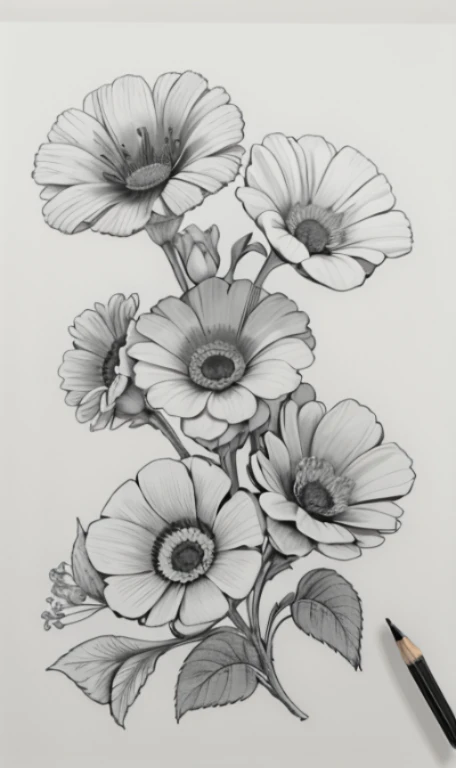 there is a drawing of a bunch of flowers on a paper, detailed flowers, hyperrealistic shaded, line art, flowers with intricate detail, pencil art on paper, realistic line drawing, realistic black and white, perfect pen and ink line art, highly detailed drawing, very detailed shading, detailed realistic, highly detailed linework, detailed 4 k drawing