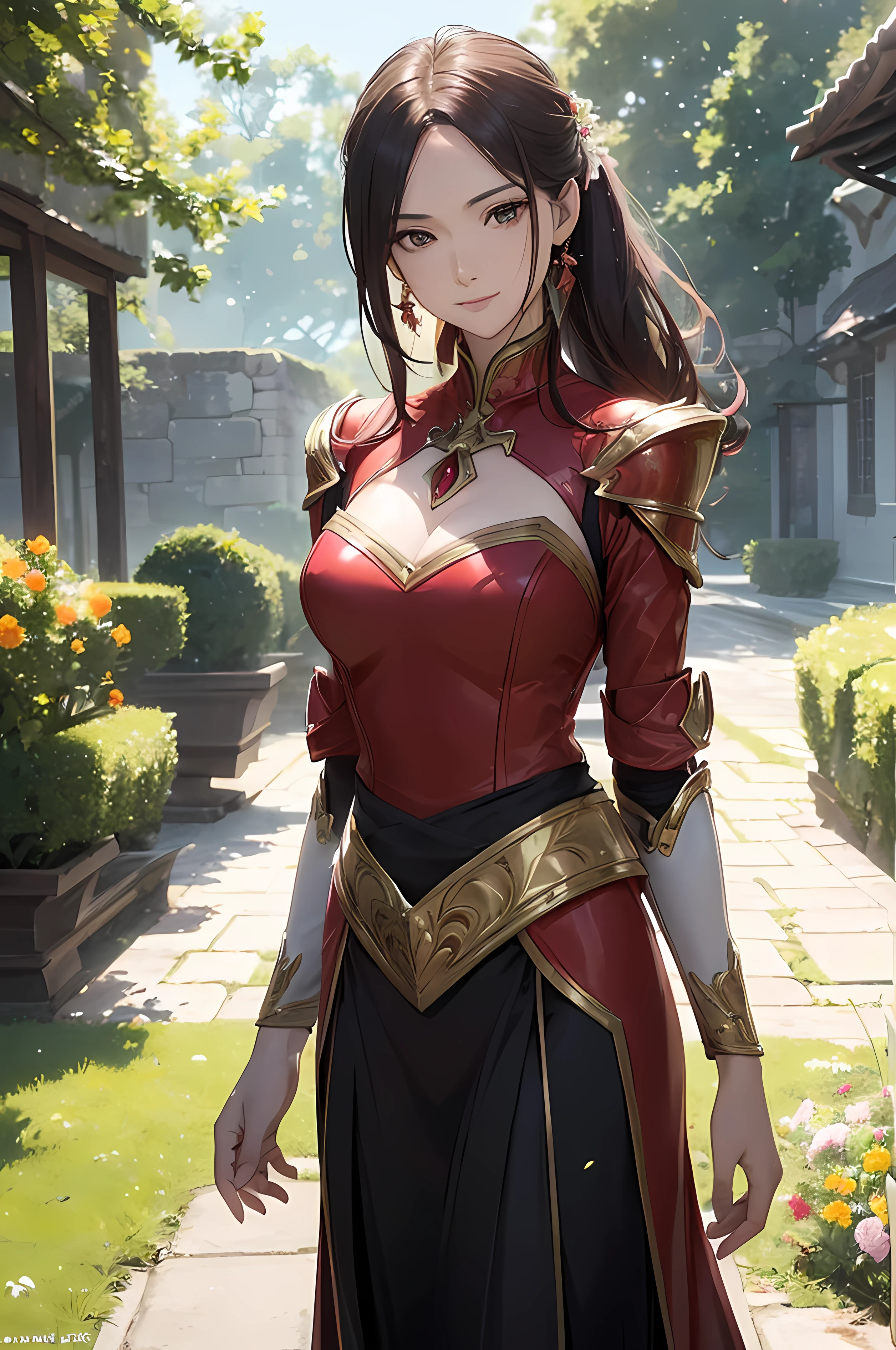 A beautiful woman, ((( red knight, red armor, black blouse, long gold skirt, elegance under the sun, movement motion, image look alive))), ((perfect body figure, beautiful face, beautiful face, milf, age 46, royal, red color hair, ponytail hair style, beautiful skin, Extremely details hair, fine details)), (((cinematic lighting, beautiful lighting effect, creative design, full body frame, divine aura, hard harmony , shining light, perfect color transition, perfect balance of contrast, perfect color layer, perfectly smooth color blur, soft rendering, smooth color stroke, moon glare, optic lens, moonlight ray, soft colors, smooth colors blend, perfect color rendering, harmony, perfect color harmony, beautiful color, soft harmony, light particles, perfect details, intricate details, color prism, fine details, refine details))), Tachibana Omina art style, affectionate eyes, half a smile, slightly open mouth, a gentle expression on his face, serene scenery on grassland with full of flowers blooms under the sun, petals, petals floating around, breeze and sunlight in the background, butterflies in the sky, realism, ((Best quality))),8k,((Masterpiece)),(Extremely refined and beautiful)