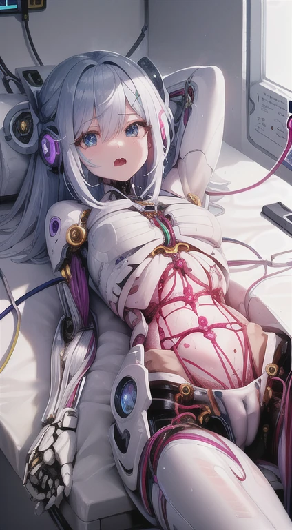 Generates an image of a girl-like android made up of a large amount of cables and wires、extremely delicate and beautiful、the detailed images、masterpiece、life-like、Exposed muscles、((Cables and wires exposed from torn abdomen:1.5)).、Cables and wires connected throughout the body、Cables and wires are connected to the head、A tube is attached to the lower abdomen、Metallic skeleton inside the body visible through translucent skin、she is connected to the whole world network、Appearance of a beautiful girl、sitting on、Hollow eyes、Open mouth、Leaning back、Facing up:1.4、A detailed face、Complex eyes、
