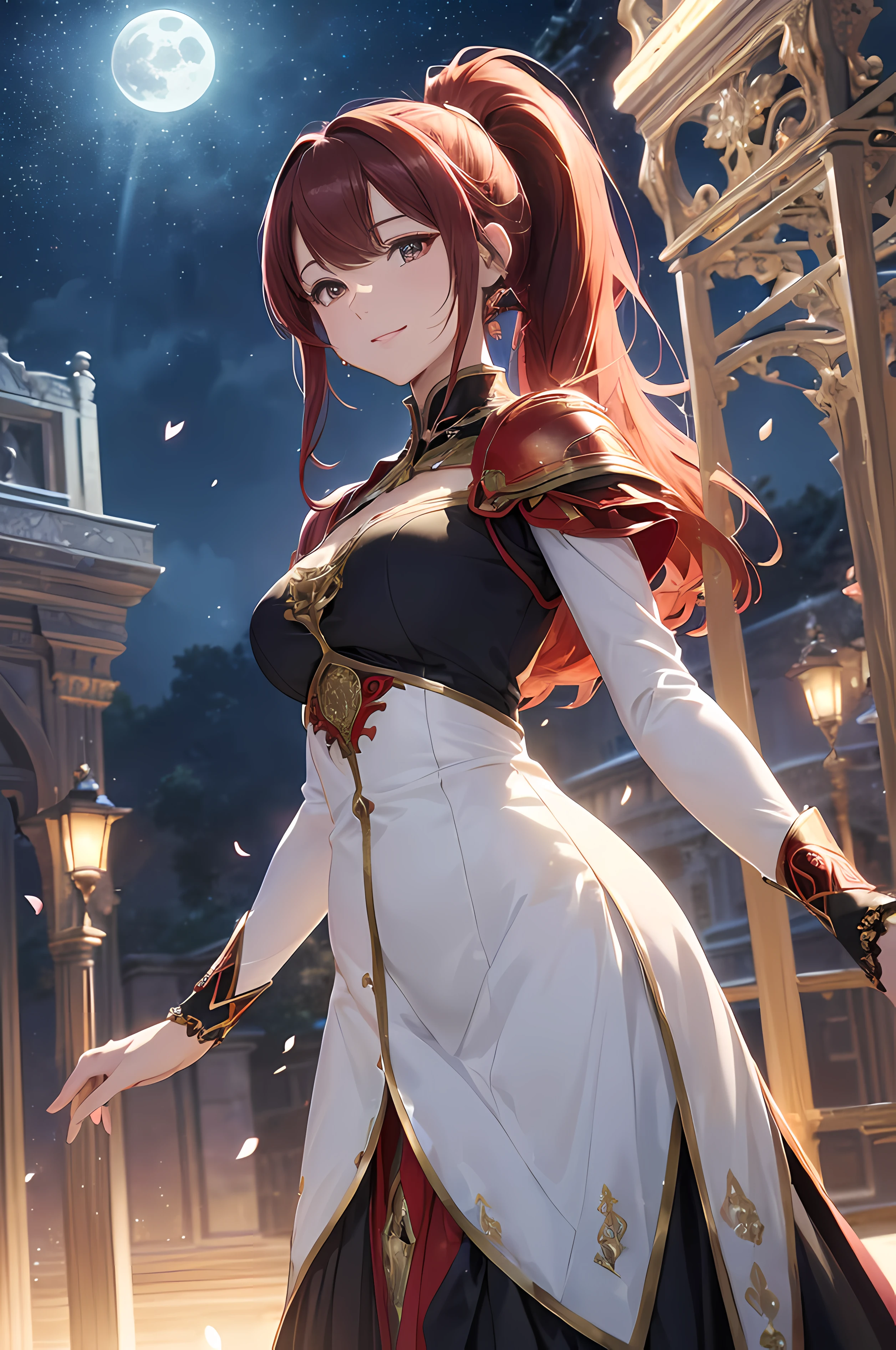 A beautiful woman, ((( red knight, red color mecha, high performance mecha, black blouse, long gold skirt, elegance under the moon))), ((perfect body figure, beautiful face, beautiful face, milf, age 46, royal, red color hair, ponytail hair style, beautiful skin, Extremely details hair, fine details)), (((cinematic lighting, beautiful lighting effect, creative design, full body frame, divine aura, hard harmony , shining moonlight, perfect color transition, perfect balance of contrast, perfect color layer, perfectly smooth color blur, soft rendering, smooth color stroke, moon glare, optic lens, moonlight ray, soft colors, smooth colors blend, perfect color rendering, harmony, perfect color harmony, beautiful color, soft harmony, light particles, perfect details, intricate details, color prism, fine details, refine details))), Tachibana Omina art style, affectionate eyes, half a smile, slightly open mouth, a gentle expression on his face, serene scenery on grassland with full of flowers blooms under the moon, petals, petals floating around, breeze and moonlight in the background, butterflies in the sky, realism, ((Best quality))),8k,((Masterpiece)),(Extremely refined and beautiful)