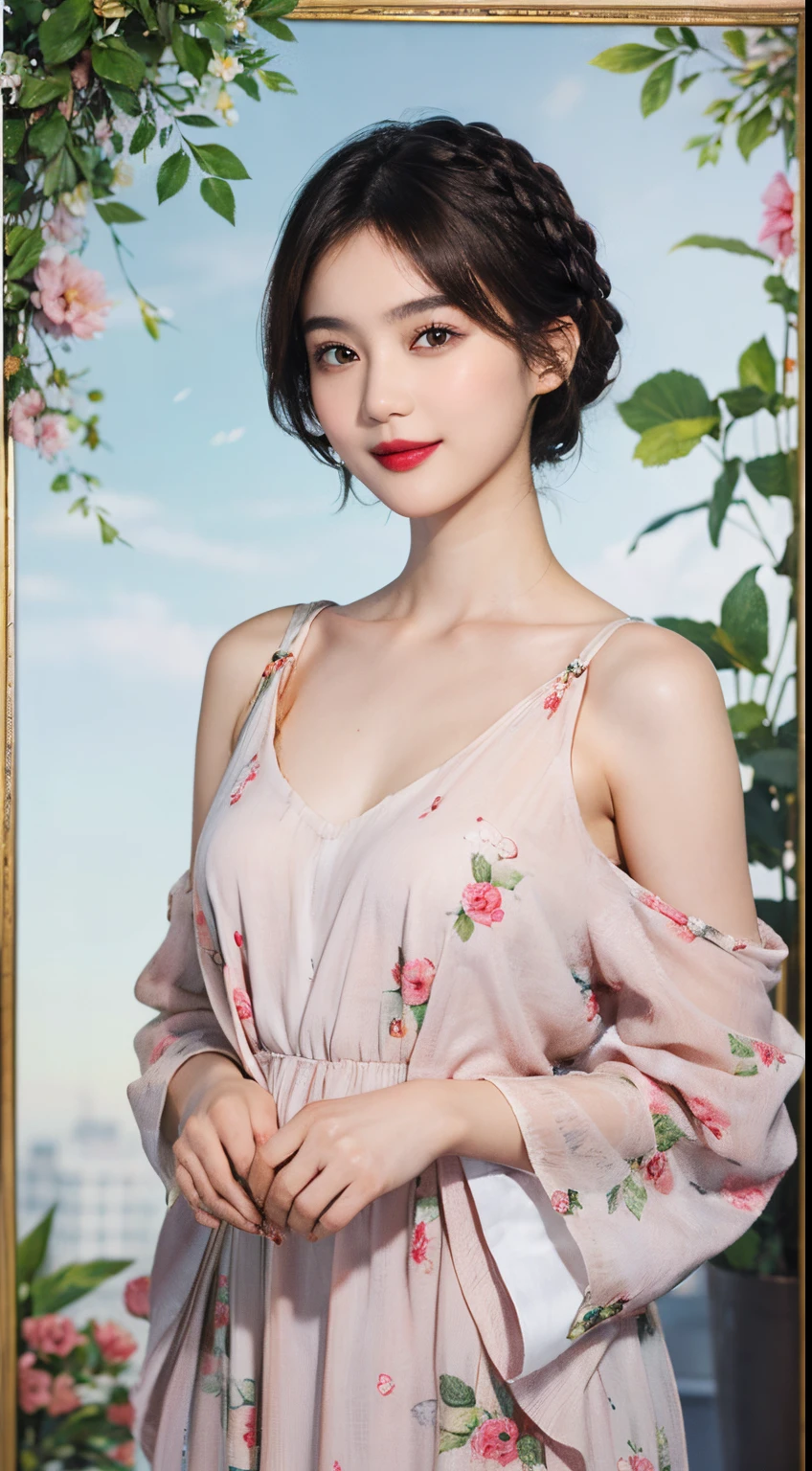 115
(a 20 yo woman,is standing), (A hyper-realistic), (high-level image quality), ((beautiful hairstyle 46)), ((short-hair)), (Gentle smile), (brest:1.1), (lipsticks), (florals)