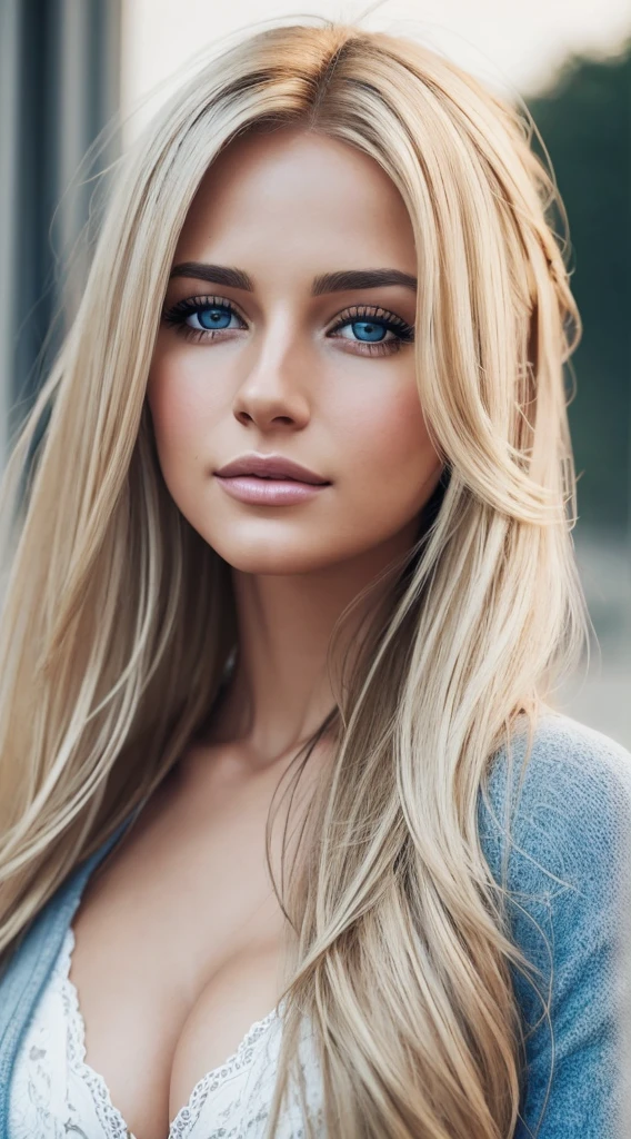 Photorealistic of a insanely beautiful woman with blonde windy messy hair, in the style of panasonic lumix s pro 50mm f/1.4, light beige and dark azure, celebrity images mashups, soft realism, barbiecore, unreal engine 5, 32k uhd, luminous quality, swiss realism, niji 5