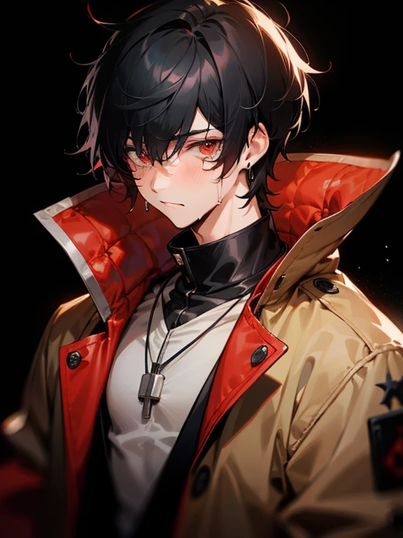 1 teen boy, scruffy black hair with hints of red, bangs, red eyes, perfect eyes, highly detailed eyes, dark background, long earrings, loose jacket high collar, muscles, looking at viewer, no hands, highly detailed, necklace, tears, facing front, cold and distant
