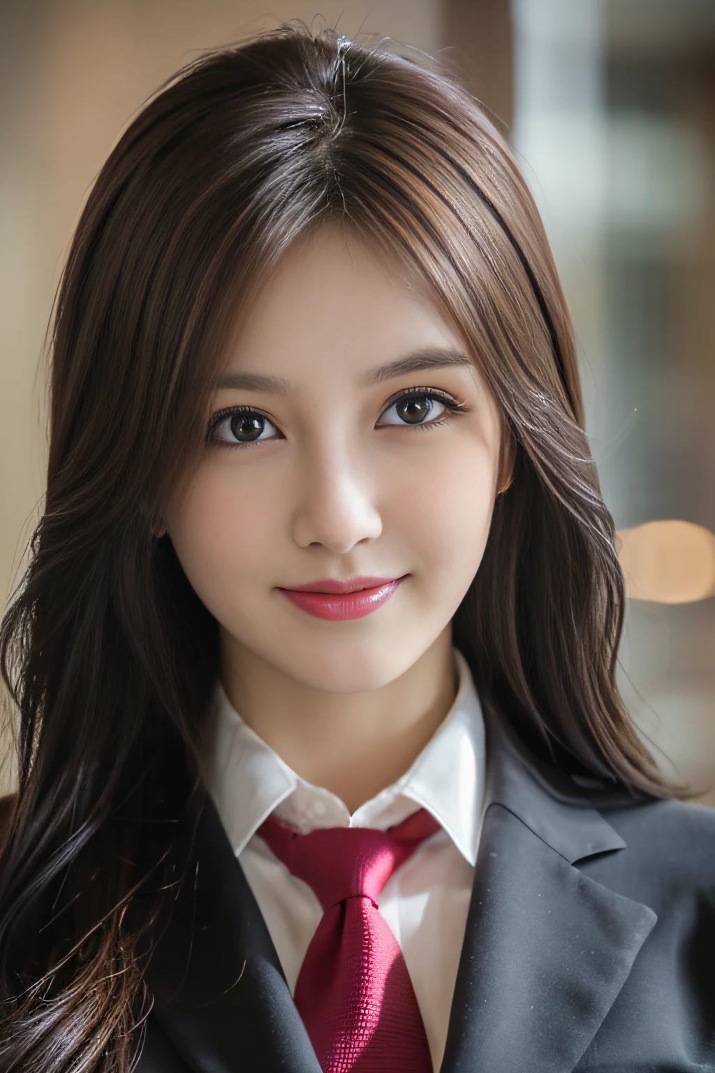 masutepiece, Best Quality, Photorealistic, Ultra-detailed, finely detail, High resolution, 8K Wallpaper, 1 beautiful woman,, light brown messy hair, in a business suit, foco nítido, Perfect dynamic composition, Beautiful detailed eyes, detailed hairs, Detailed realistic skin texture, Smiling, Close-up portrait, Model body type