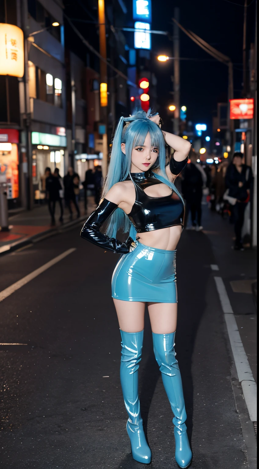 masutepiece、Ultra-high definition animation quality、Cinematic lighting、in a street、Latex Cosplay、Wearing light blue latex、Ultra mini skirt、25-years old、japanes、Idol、female pervert、Glamorous body、Standing、full body Esbian、long boots、lightblue hair、A sexy、seductiv