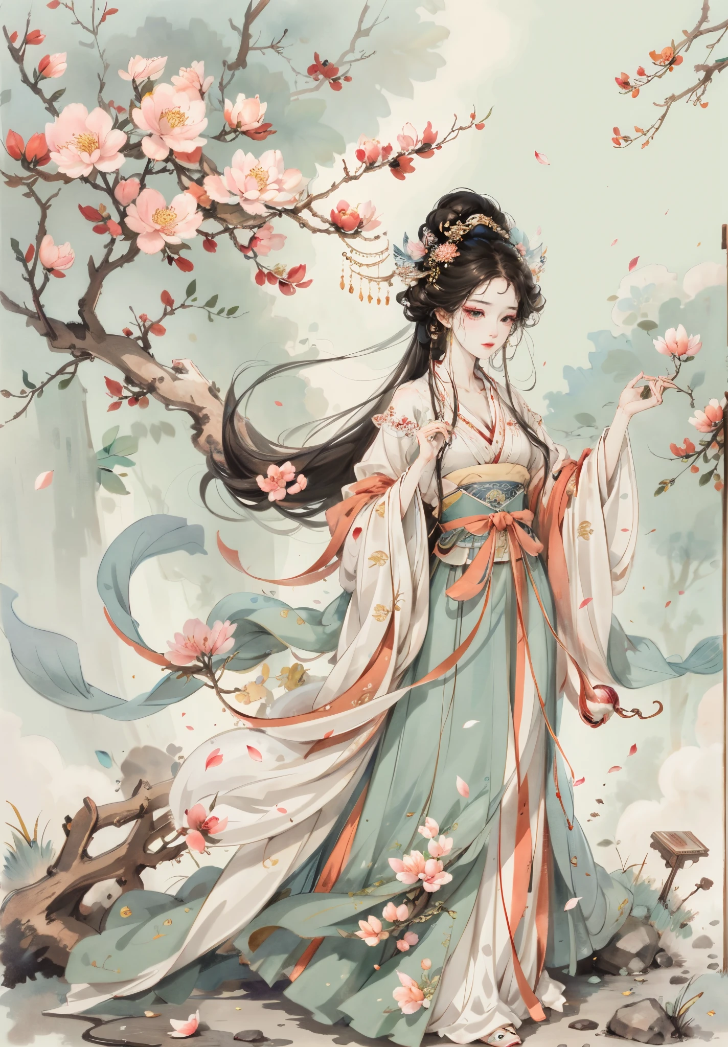 （tmasterpiece：1.2，Best quality），（The face is very delicate，Real pictures，Realistic skin，photorealistic body，Complicated details），独奏，Full body lesbian（Full body female：1.9），TRADITIONAL CHINESE COSTUMES，Song dynasty Hanfu，（aquarelle：1.3），花魁，Full body like，Petals flying，holding a book in his hands，look down to the ground，There are petals on the ground，A peach blossom tree