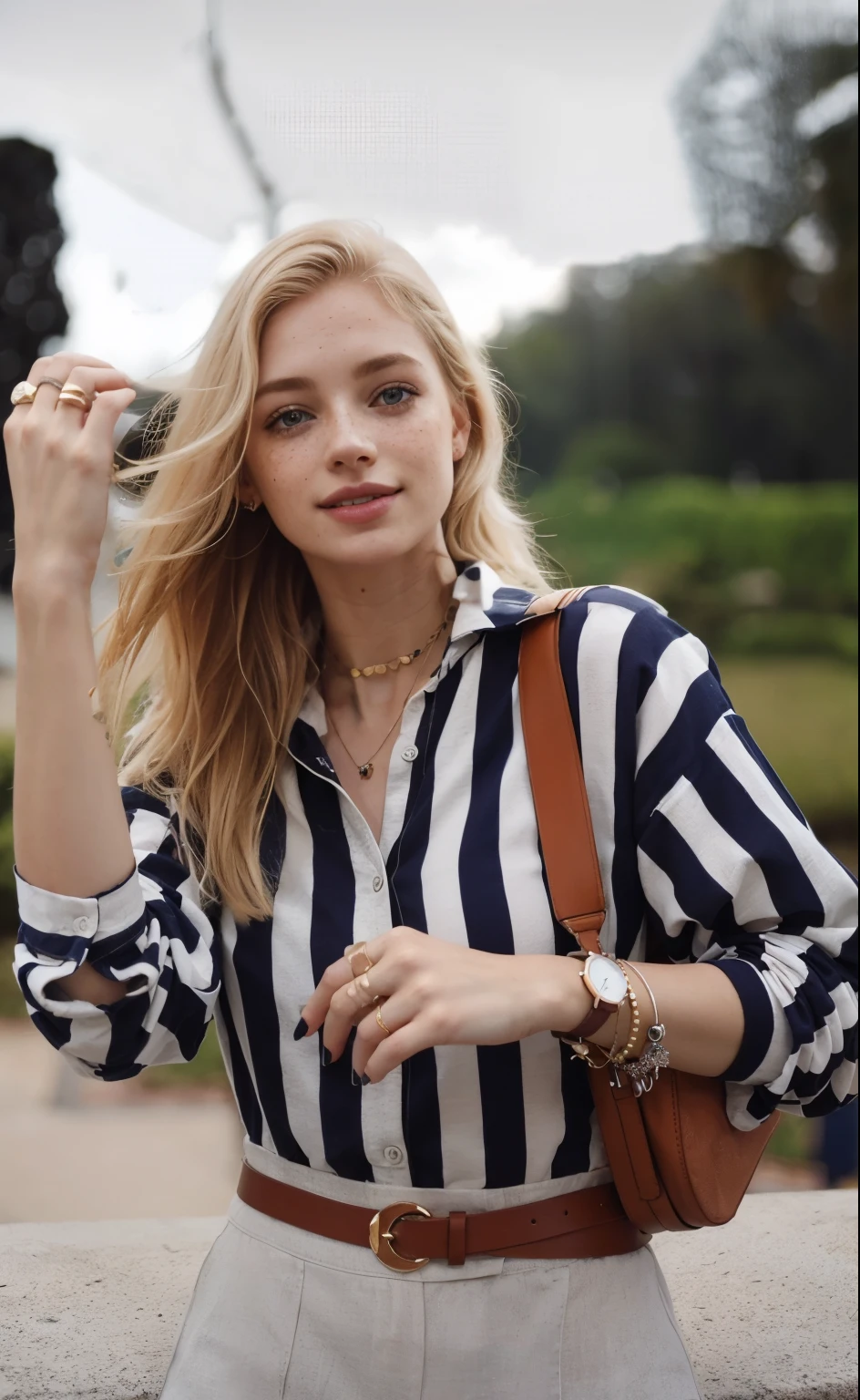 mulher, americana, 25 anos, pale skin and freckles, olhos cinzas, nariz delicado, soft and delicate lips, Cabelo blondie cinza longo e ondulados, sorriso meigo