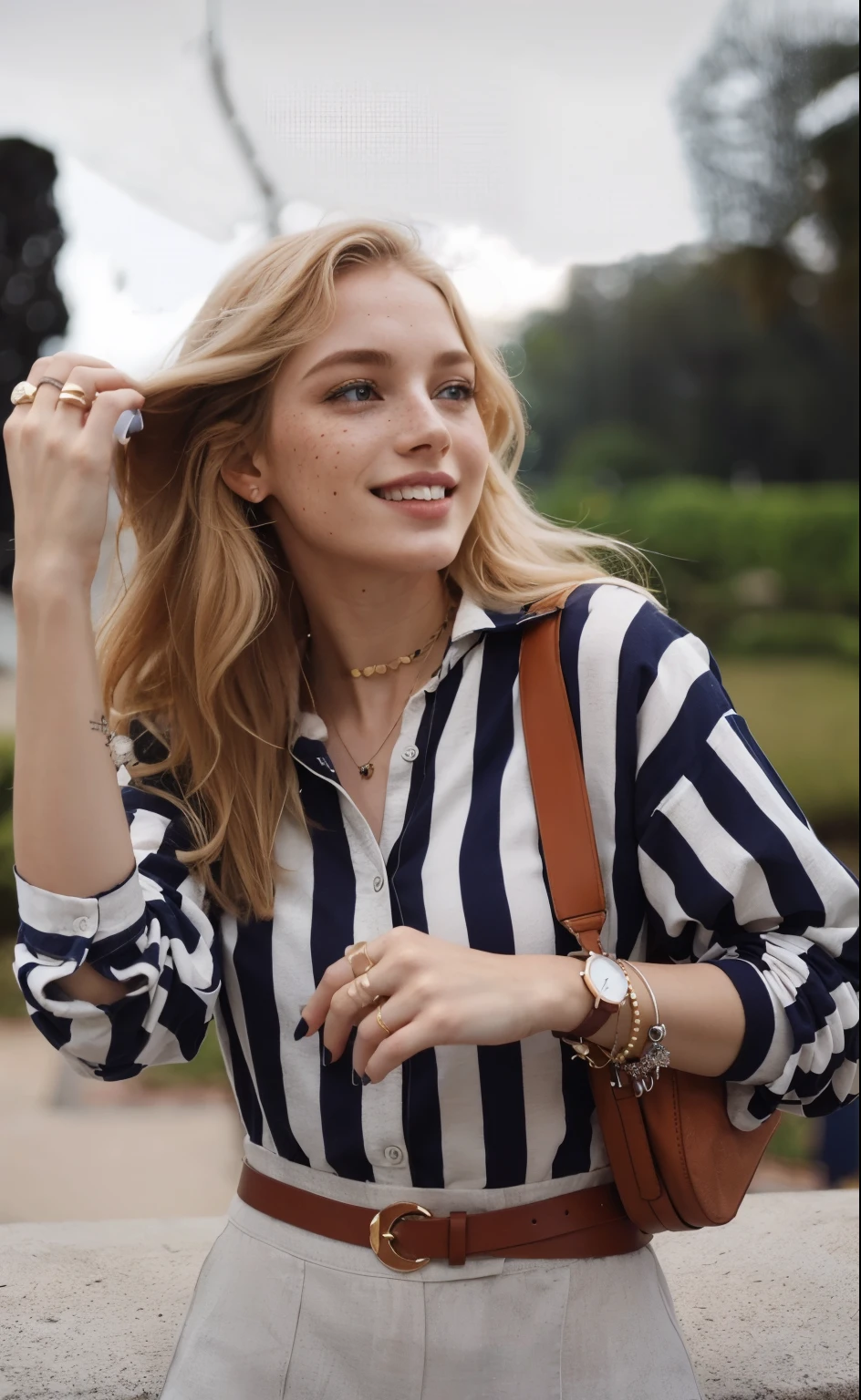 mulher, americana, 25 anos, pale skin and freckles, olhos cinzas, nariz delicado, soft and delicate lips, Cabelo blondie cinza longo e ondulados, sorriso meigo