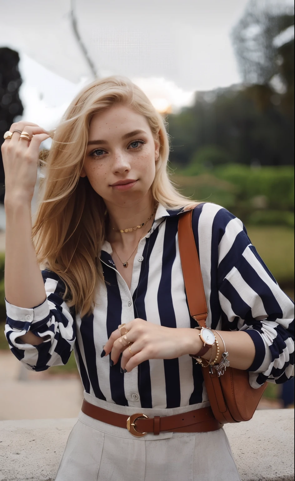 mulher, americana, 25 anos, pale skin and freckles, olhos cinzas, nariz delicado, soft and delicate lips, Cabelo blondie cinza longo e ondulados, sorriso meigo