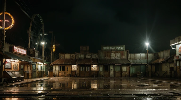 Draw a scene of an abandoned amusement park on a rainy afternoon. The toys are covered in rust, the lights flicker dimly and there is a melancholy silence in the air. A chuva cai incessantemente, forming pools of water reflecting the park&#39;s former glories. Broken colorful umbrellas are scattered on the floor, as symbols of a past joy. The sad and lonely atmosphere is intensified by the absence of people, leaving only the abandoned elements to bear witness to the decay of the place. This image evokes a sense of nostalgia and desolation., with the rain symbolizing the silent tears that fall over forgotten memories