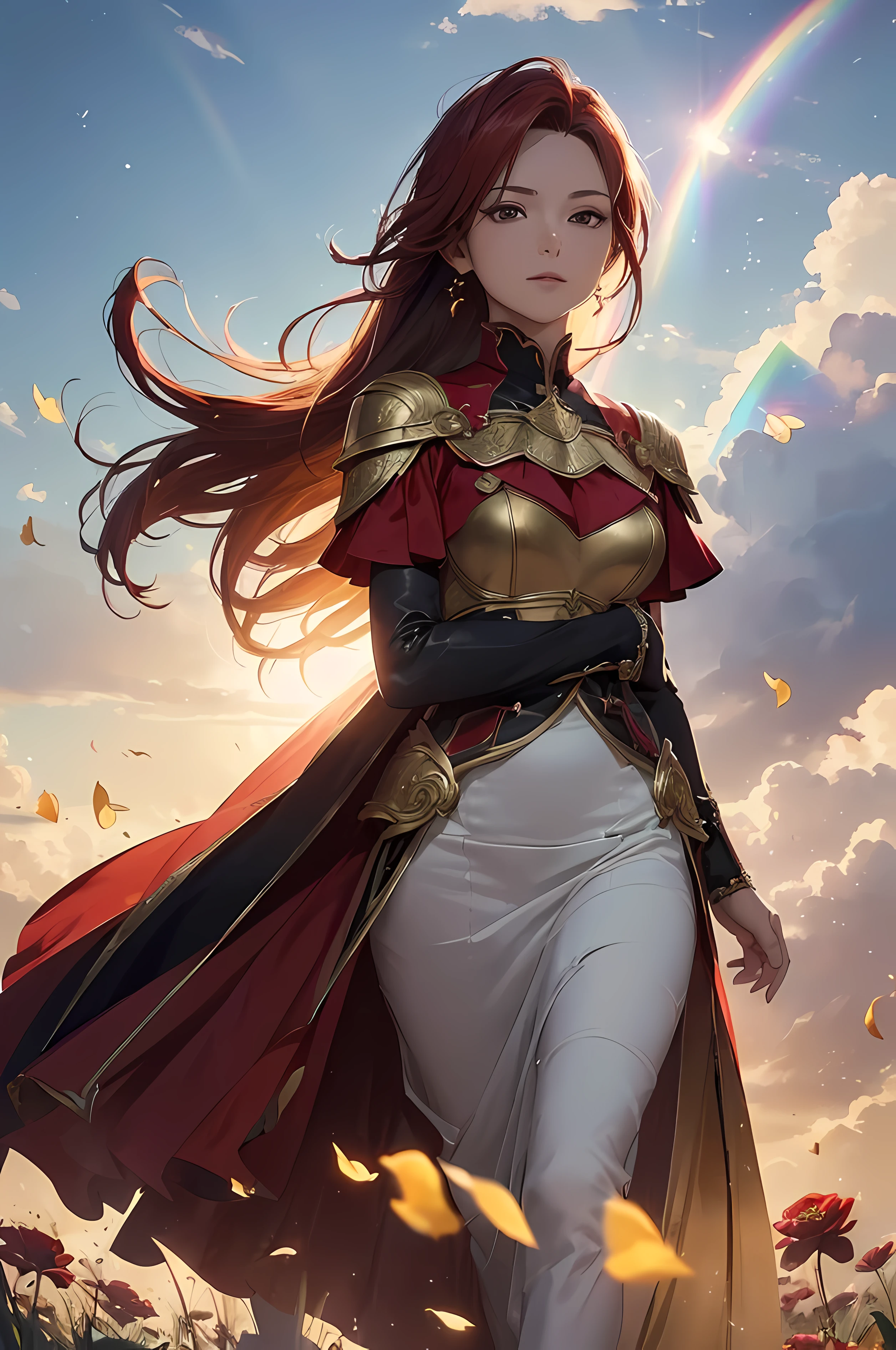 A beautiful woman, ((( red knight, red armor, black blouse, long gold skirt, elegance under the sun, movement motion, image look alive))), ((perfect body figure, beautiful face, beautiful face, milf, age 46, royal, red color hair, ponytail hair style, beautiful skin, Extremely details hair, fine details)), (((cinematic lighting, beautiful lighting effect, creative design, full body frame, divine aura, hard harmony , shining light, perfect color transition, perfect balance of contrast, perfect color layer, perfectly smooth color blur, soft rendering, smooth color stroke, moon glare, optic lens, moonlight ray, soft colors, smooth colors blend, perfect color rendering, harmony, perfect color harmony, beautiful color, soft harmony, light particles, perfect details, intricate details, color prism, fine details, refine details))), Tachibana Omina art style, affectionate eyes, half a smile, slightly open mouth, a gentle expression on his face, serene scenery on grassland with full of flowers blooms under the sun, petals, petals floating around, breeze and sunlight in the background, butterflies in the sky, realism, ((Best quality))),8k,((Masterpiece)),(Extremely refined and beautiful)
