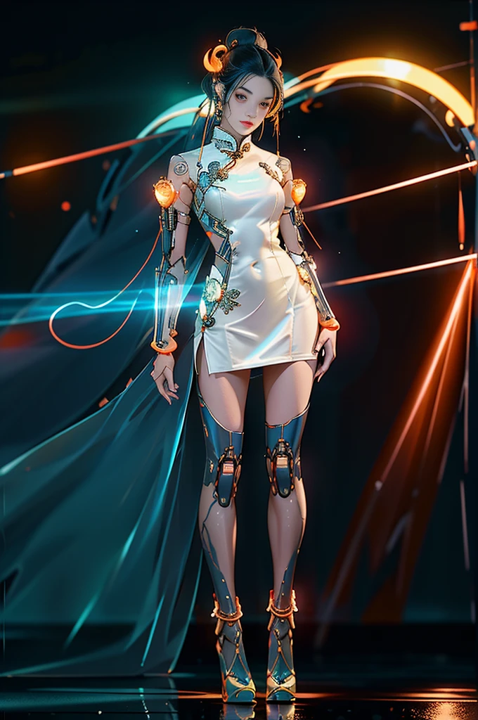 1 rapariga, chinese_clothes, liquid white and orange, Cyberhanfu, on cheongsam, Cyberpunk-city, dynamicposes, Details illuminated headphones, luminous hair ornaments, long whitr hair, Luminous earrings,Glowing necklace,cyber punk perssonage, a high-tech city, full of machinery and futuristic element, afofuturism, technologies,luminous neon lights,orange colors,Orange light,Transparent tulle,Clear streamers,laser,large moon,Best quality at best,tmasterpiece,8K,Character edge light,hyper-high detail,high qulity,The most beautiful woman in man,Slight smile,The face is symmetrical to the left and right facing the front,Ear decoration,Beautiful pupils,Light effects,visual data,Blue double ponytail,Ultra-detailed facial texture, (((standing on your feet,Metal heels: 1.5, Glowing lines or orange LED light effect))), (full body shot of: 1.5),jinxlol