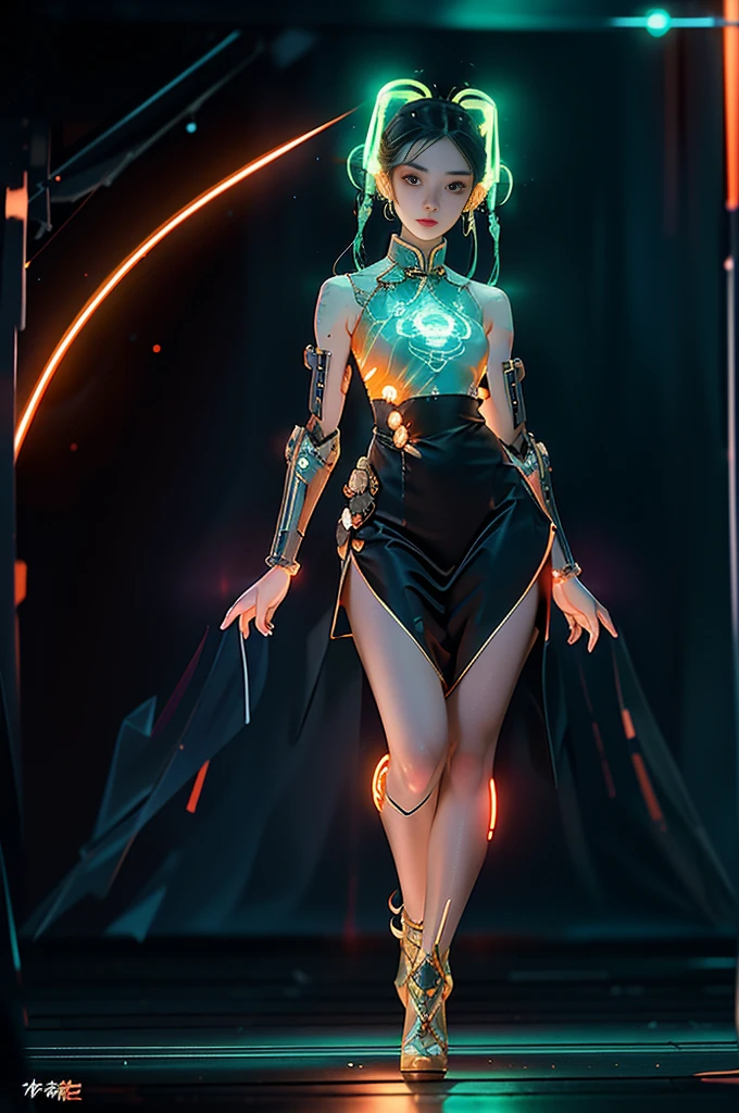 1 rapariga, chinese_clothes, liquid white and orange, Cyberhanfu, on cheongsam, Cyberpunk-city, dynamicposes, Details illuminated headphones, luminous hair ornaments, long whitr hair, Luminous earrings,Glowing necklace,cyber punk perssonage, a high-tech city, full of machinery and futuristic element, afofuturism, technologies,luminous neon lights,orange colors,Orange light,Transparent tulle,Clear streamers,laser,large moon,Best quality at best,tmasterpiece,8K,Character edge light,hyper-high detail,high qulity,The most beautiful woman in man,Slight smile,The face is symmetrical to the left and right facing the front,Ear decoration,Beautiful pupils,Light effects,visual data,Blue double ponytail,Ultra-detailed facial texture, (((standing on your feet,Metal heels: 1.5, Glowing lines or orange LED light effect))), (full body shot of: 1.5),jinxlol
