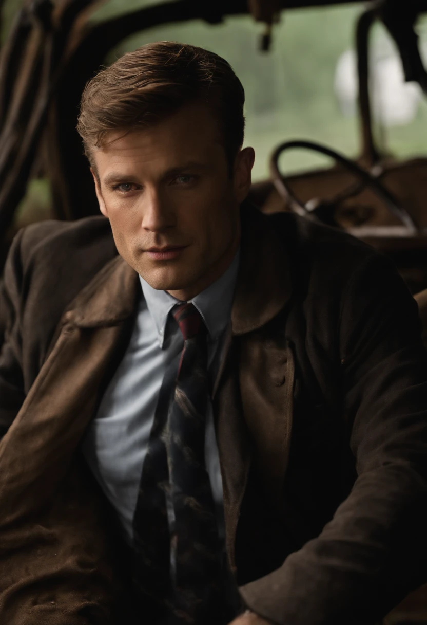 A photo of Jim standing in front of his rugged, mud-streaked tractor, with a determined look on his face as he prepares for some late-night plowing.,Gotham,Jim has very short brown hair, styled neatly. Wears a suit and tie, is a detective, famously portrayed by Ben McKenzie