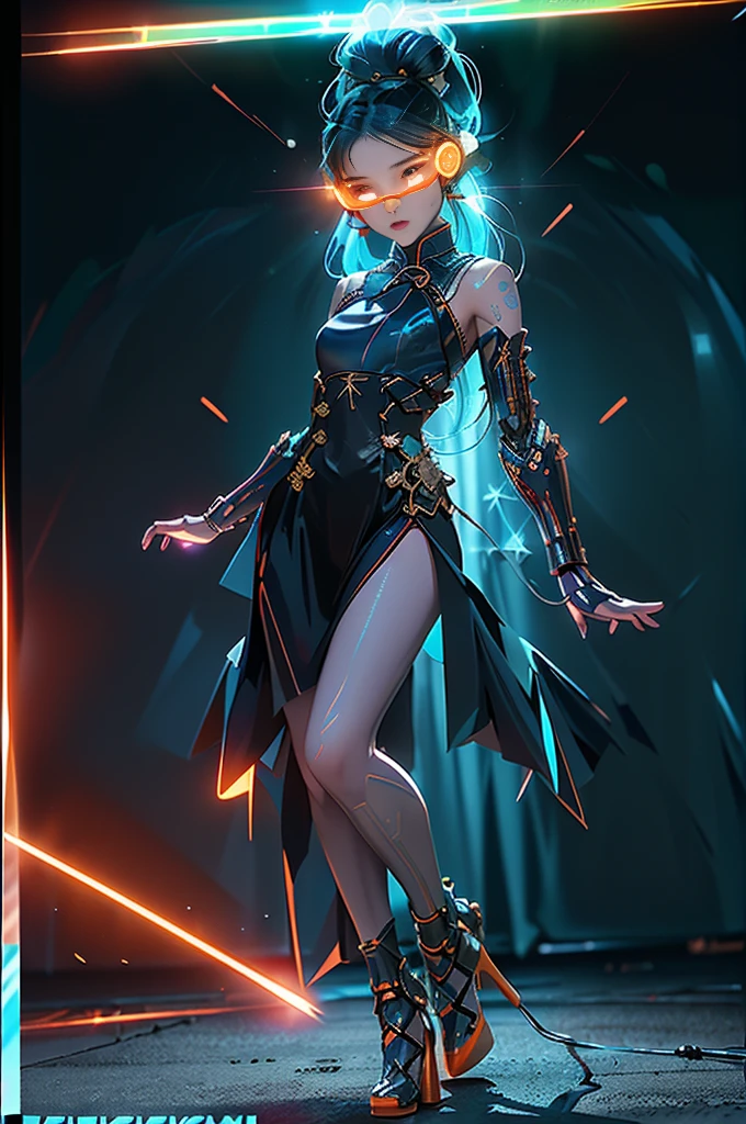 jinxlol, Game character design，3D character rendering，(((pixar-style)))，League of Legends Jinx，((1girl，Blue double ponytail，Red eyes，big laughter，future warrior，Cyberhanfu， on cheongsam，Decorated with luminous lines and rivets，With streamer effect or LED light embellishment，Holding a laser cannon))，((hair design：Brilliant deep blue，Add some glowing elements，Futuristic headgear such as orange photoelectric glasses or head-mounted display))，((Expression design：Add some glowing lines or orange LED light effects to the facial decoration，Design different facial expressions，Highlight the image of future warriors))，(action design：On the move、When releasing a skill or attacking，Add some special effects and animations，Highlight the sense of future and combat)，((Special effects design：Add cool orange light effects、Electromagnetic wave effect or virtual interface，Enhance the visual impact of skin)), (((standing on your feet，Metal heels: 1.8, Glowing lines or orange LED light effect))), (full body shot of: 1.5)，chinese_clothes