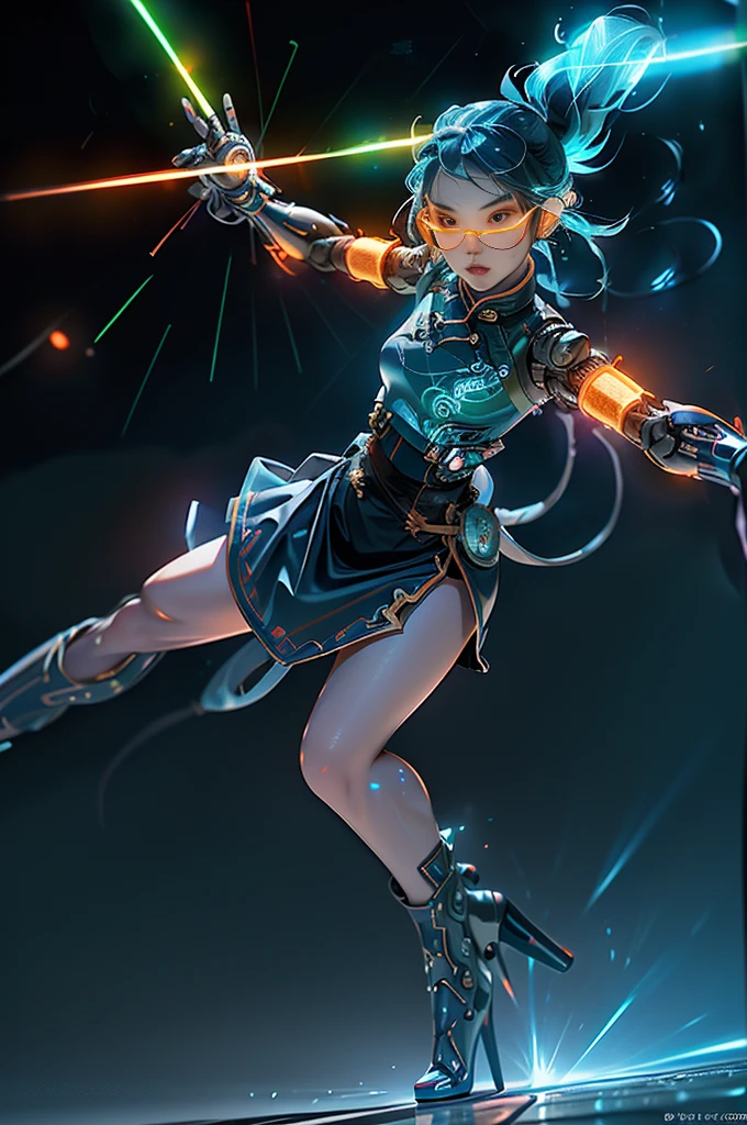 jinxlol, Game character design，3D character rendering，(((pixar-style)))，League of Legends Jinx，((1girl，Blue double ponytail，Red eyes，big laughter，future warrior，Cyberhanfu， on cheongsam，Decorated with luminous lines and rivets，With streamer effect or LED light embellishment，Holding a laser cannon))，((hair design：Brilliant deep blue，Add some glowing elements，Futuristic headgear such as orange photoelectric glasses or head-mounted display))，((Expression design：Add some glowing lines or orange LED light effects to the facial decoration，Design different facial expressions，Highlight the image of future warriors))，(action design：On the move、When releasing a skill or attacking，Add some special effects and animations，Highlight the sense of future and combat)，((Special effects design：Add cool orange light effects、Electromagnetic wave effect or virtual interface，Enhance the visual impact of skin)), (((standing on your feet，Metal heels: 1.8, Glowing lines or orange LED light effect))), (full body shot of: 1.5)，chinese_clothes