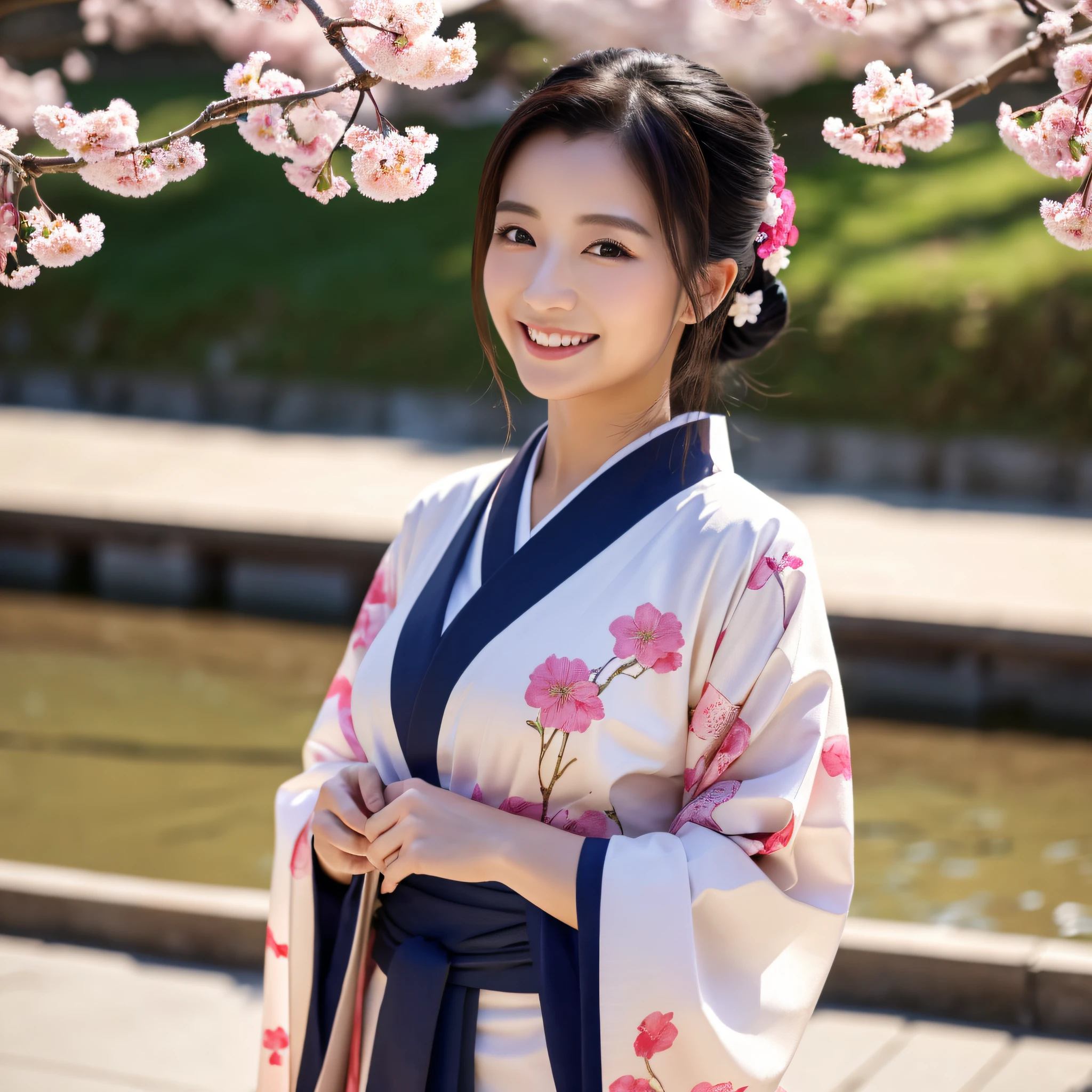 (Super beautiful woman in kimono)、((best qualtiy、8k masterpieces:1.3))、foco nítido:1.2、(ultra beautiful faces:1.0)、(shinny skin:1.0)、photos realistic、A dark-haired、Video Lighting、High-definition eyes and face、Video Lighting、Japanese actressl、from the front side、medium breasts、With a happy smile、Slender Abs Beauty、Whole body、wearing kimonos、cherry blossom in full bloom、luxury obi
