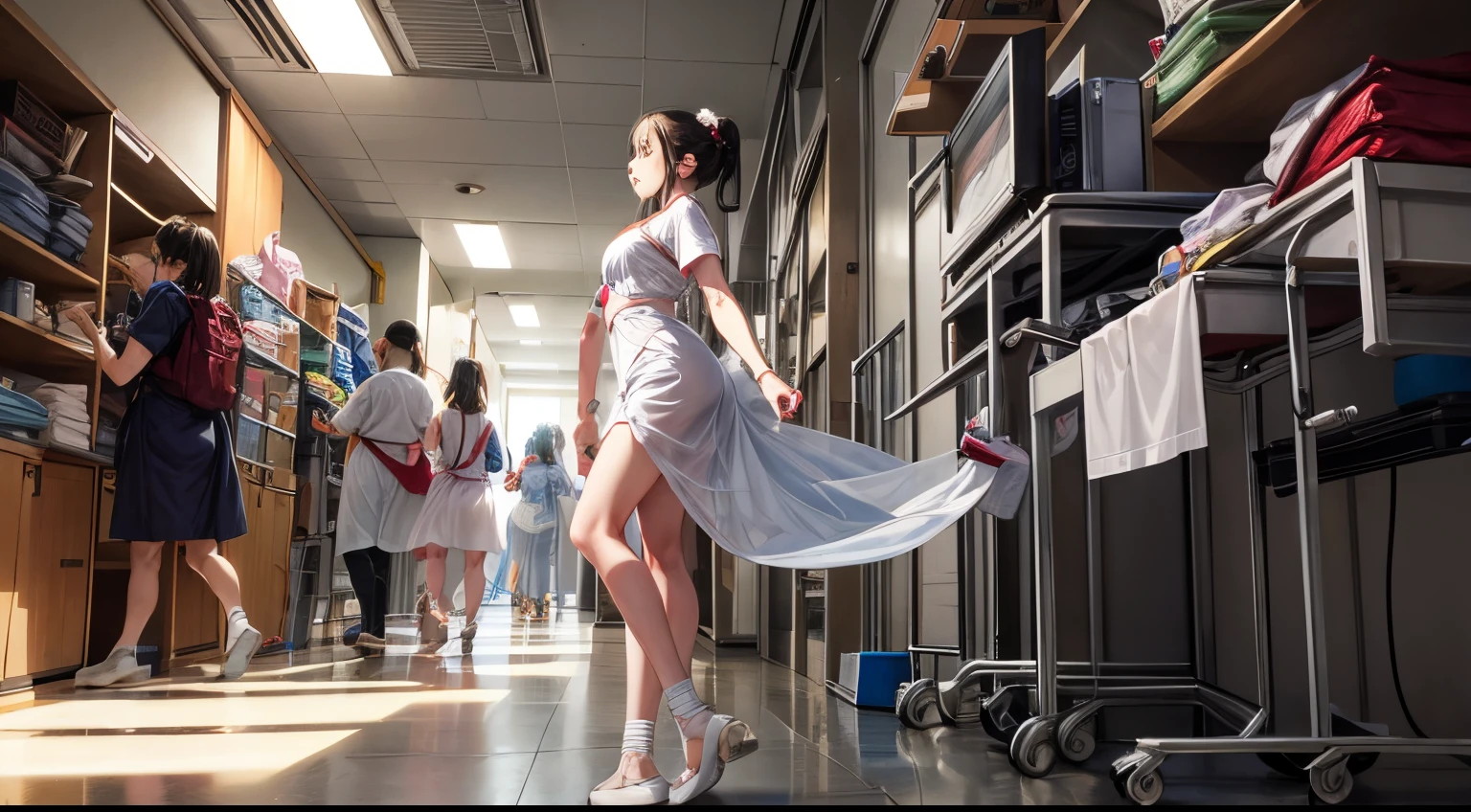 whole hospital room shot, (standing with hands up pose), ((Mummy girl is in the abandoned, shabby messy hospital room)), ultra high res , The highest quality, 32K, masterpiece, (portrait), 1 female, (full body shot), ((wrapping whole body by white bandages like ‘Mummy’)), disclosed natural huge tits, exposed boobs, realistic shaved armpits,