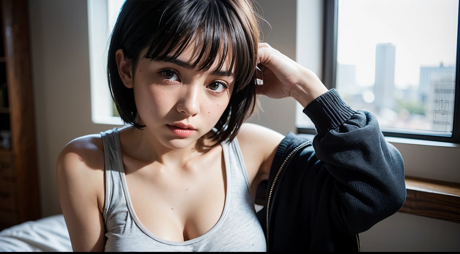 5uguh4, short hair, 1girl, solo, detailed face, detailed eyes, large breast, cleavage, upper body, black tank top, tank top, red jacket, long sleeves, beauty, young, 18 years old