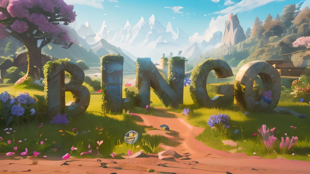 Create a 3D rendered image of a serene landscape. The centerpiece of the image should be the word ‘BINGO’, crafted from Marble stone letters. These letters should have a touch of nature, with (moss and vines growing on them:1). Surrounding the stone word, the landscape should be lush with green trees and vibrant flowers in shades of pink and orange. In the distance. Above, the sky should be a clear blue, and beneath the word ‘BINGO’, there should be a dirt path or (a dirt roadside at the bottom of the image, parallel to the bottom border. The road should be a warm brown:1.4). The overall atmosphere should evoke a sense of tranquility and harmony with nature.