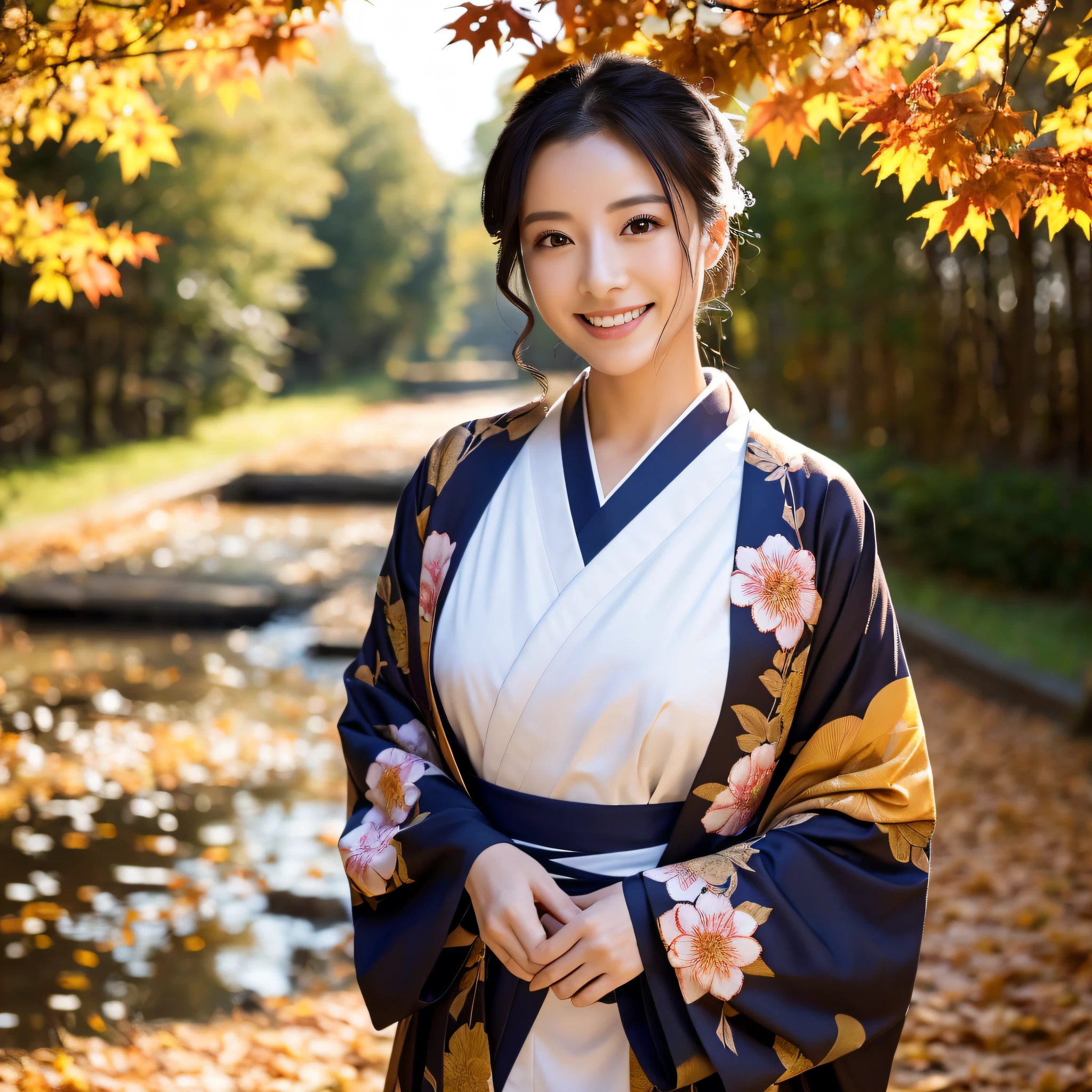(Super beautiful woman in kimono)、((best qualtiy、8k masterpieces:1.3))、foco nítido:1.2、(ultra beautiful faces:1.0)、(shinny skin:1.0)、photos realistic、A dark-haired、Video Lighting、High-definition eyes and face、Video Lighting、Japanese actressl、from the front side、medium breasts、With a happy smile、wearing kimonos、Under the autumn leaves、highest grade obi