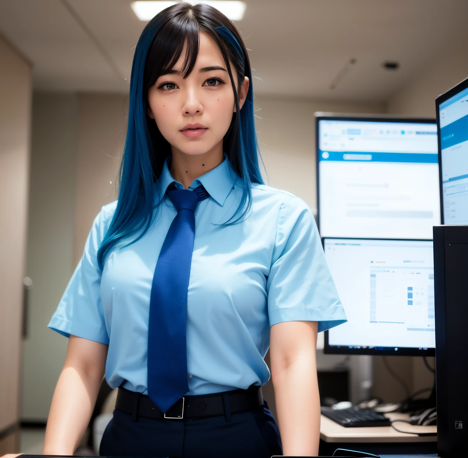 woman with blue hair and blue tie standing in front of a computer, japanese live-action movie, li zixin, blue uniform, 8k octan advertising photo, still from a live action movie, female actress from korea, promotional movie still, lu ji, dilraba dilmurat, girl wearing uniform, wearing a light blue shirt