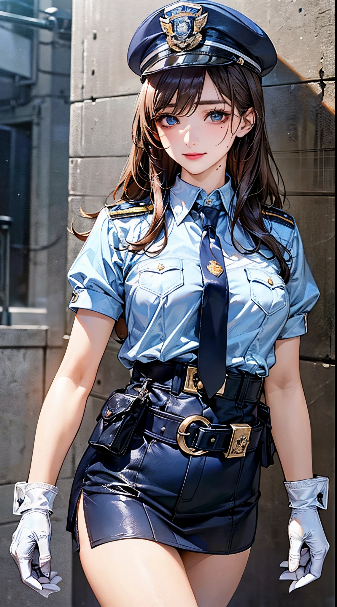(((perfect anatomy, super detailed skin))), 1 girl, japanese, police girl, shiny skin, large breasts:0.5, looking away, looking up, watching the view, 
beautiful hair, beautiful face, beautiful detailed eyes, (long hair:1.5, straight hair:1.7), blown hair, bangs, hair between eye, 
beautiful clavicle, beautiful body, beautiful chest, beautiful thighs, beautiful legs, babyface, mole under eye, 
((policewoman uniform, light blue short sleeved shirt, navy necktie, high waisted miniskirt), belt, white gloves, police hat, handcuffs), seductive thighs, gatling gun, 
smile, standing, walking, runing, 
(beautiful scenery), summer, , police station, 
8k, top-quality, masterpiece​:1.2, extremely detailed), (realistic, photorealistic:1.2), beautiful illustration, cinematic lighting,