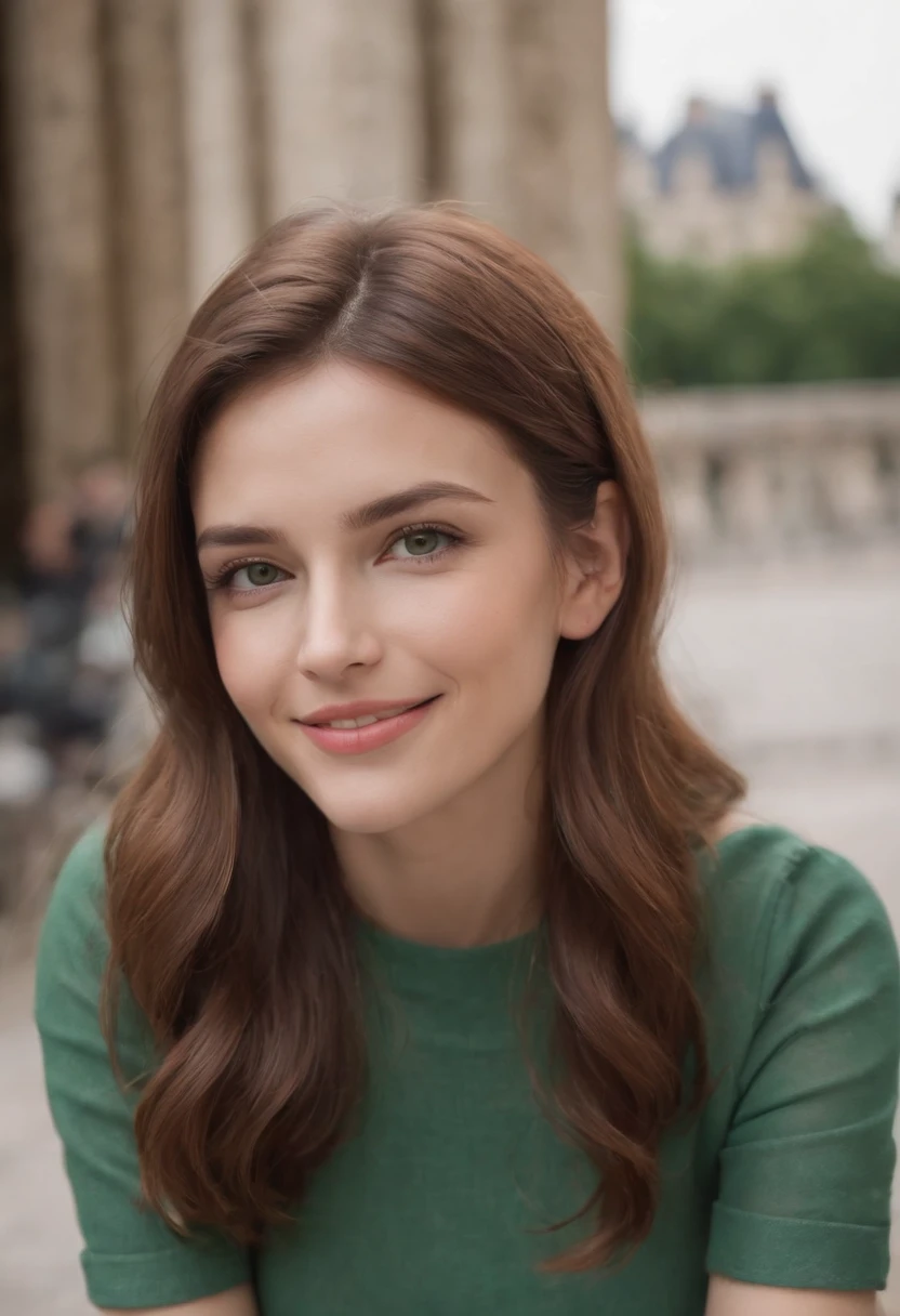 1 girl,(brown hair semi-long)(beautiful hair), green eye, actress, smile, shiny skin, best quality, masterpiece, (photorealistic:1.4), terrace seating, Europe, France, Paris, denim mini skirt (realistic fabric), white short sleeves (cotton fabric), (no logo), thin fingers, sexy body, medium bust