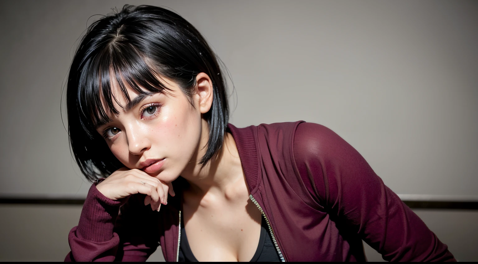 5uguh4, short hair, 1girl, solo, detailed face, detailed eyes, seductive look, large breast, cleavage, upper body, black tank top, tank top, red jacket, long sleeves, beauty, young, 18 years old