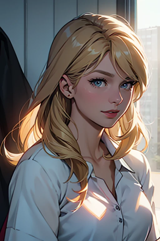 A 35 year old woman inspired by Melissa Benoist, long blonde hair, white shirt, black cause