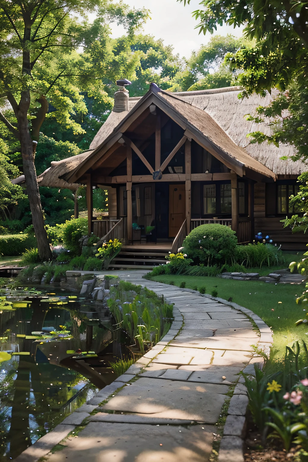 a beautiful pond, a rustic house in the middle of the forest, detailed reflections on the water surface, vibrant green trees, colorful flowers, peaceful atmosphere, sunlight filtering through the trees, birds chirping, calm and serene setting, clear blue sky, a wooden dock extending into the pond, the house with a thatched roof and wooden shutters, a meandering pathway leading to the house, a small garden with blooming flowers, a gentle breeze rustling the leaves