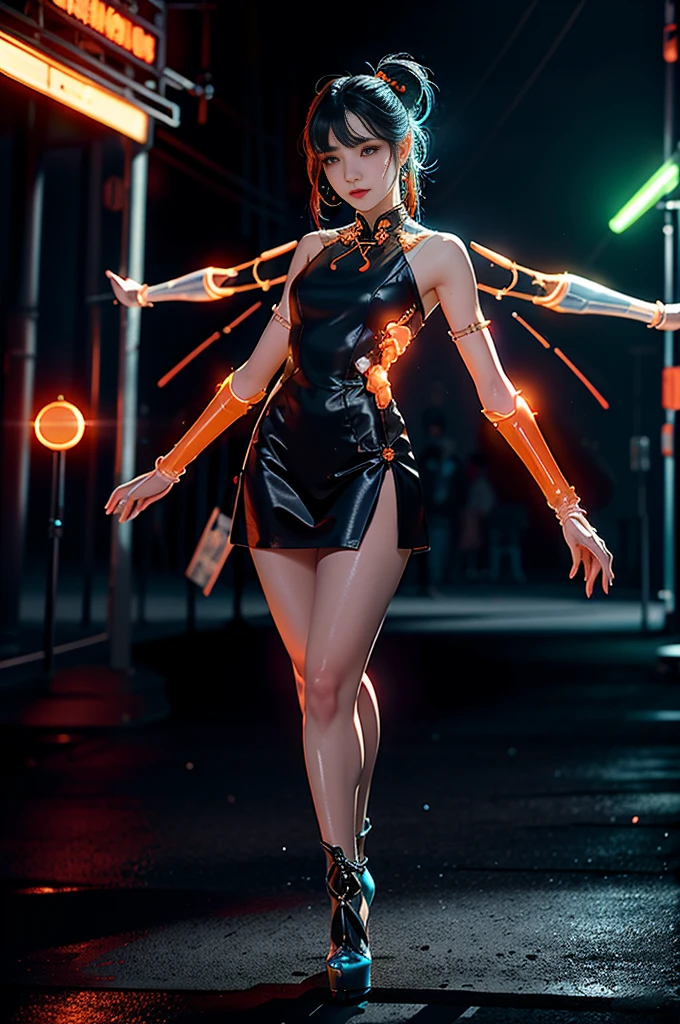 1 rapariga, chinese_clothes, liquid white and orange, Cyberhanfu, on cheongsam, Cyberpunk city setting,dynamicposes, Details illuminated headphones, luminous hair ornaments, ((Blue double ponytail)), Luminous earrings,Glowing necklace,cyber punk perssonage, a high-tech city, full of machinery and futuristic element, afofuturism, technologies,luminous neon lights,orange colors,Orange light,Transparent tulle,Clear streamers,laser,large moon,Best quality at best,tmasterpiece,8K,Character edge light,hyper-high detail,high qulity,The most beautiful woman in man,Slight smile,The face is symmetrical to the left and right facing the front,Ear decoration,Beautiful pupils,Light effects,visual data,Ultra-detailed facial texture, (((standing on your feet,Metal heels: 1.5, Glowing lines or orange LED light effect))), (full body shot of: 1.5),jinxlol