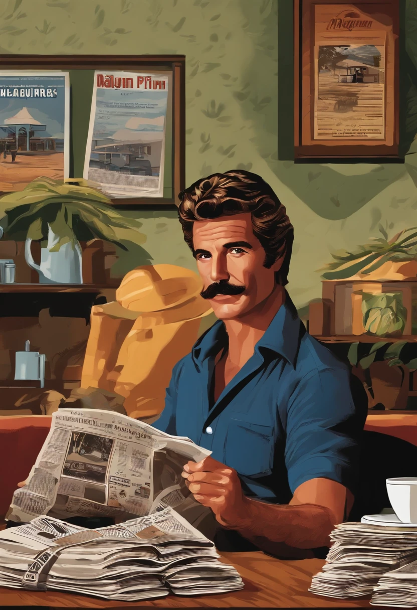 Magnum is sipping on a freshly brewed cup of coffee at a cozy local cafe, with a pile of newspapers and case files spread out in front of him.,original,Magnum PI