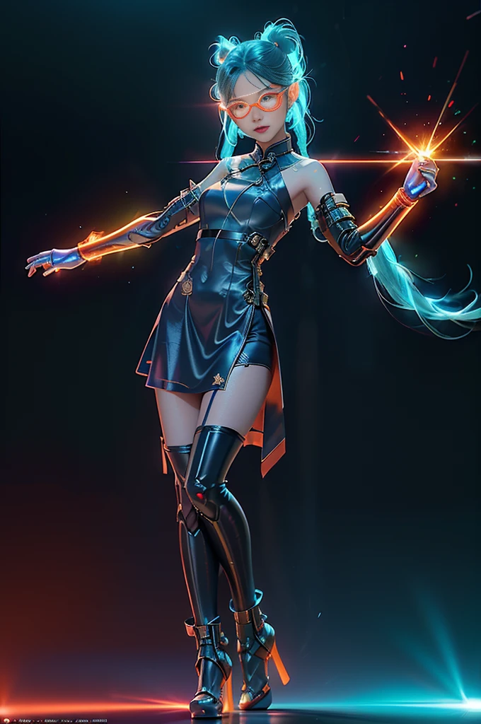 jinxlol, Game character design，3D character rendering，(((pixar-style)))，League of Legends Jinx，((1girl，Blue double ponytail，Red eyes，big laughter，future warrior，Cyberhanfu， on cheongsam，Decorated with luminous lines and rivets，With streamer effect or LED light embellishment，Holding a laser cannon))，((hair design：Brilliant deep blue，Add some glowing elements，Futuristic headgear such as orange photoelectric glasses or head-mounted display))，((Expression design：Add some glowing lines or orange LED light effects to the facial decoration，Design different facial expressions，Highlight the image of future warriors))，(action design：On the move、When releasing a skill or attacking，Add some special effects and animations，Highlight the sense of future and combat)，((Special effects design：Add cool orange light effects、Electromagnetic wave effect or virtual interface，Enhance the visual impact of skin)), (((standing on your feet，Metal heels: 1.8, Glowing lines or orange LED light effect))), (full body shot of: 1.5)，chinese_clothes