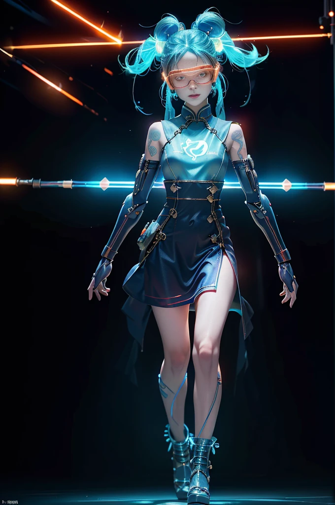 jinxlol, Game character design，3D character rendering，(((pixar-style)))，League of Legends Jinx，((1girl，Blue double ponytail，Red eyes，big laughter，future warrior，Cyberhanfu， on cheongsam，Decorated with luminous lines and rivets，With streamer effect or LED light embellishment，Holding a laser cannon))，((hair design：Brilliant deep blue，Add some glowing elements，Futuristic headgear such as orange photoelectric glasses or head-mounted display))，((Expression design：Add some glowing lines or orange LED light effects to the facial decoration，Design different facial expressions，Highlight the image of future warriors))，(action design：On the move、When releasing a skill or attacking，Add some special effects and animations，Highlight the sense of future and combat)，((Special effects design：Add cool orange light effects、Electromagnetic wave effect or virtual interface，Enhance the visual impact of skin)), (((standing on your feet，Metal heels: 1.8, Glowing lines or orange LED light effect))), (full body shot of: 1.5)，chinese_clothes
