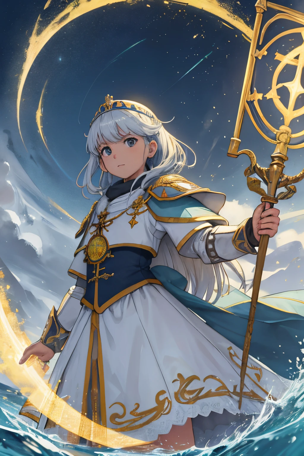 "Caballero Real con un aura majestuosa, Adornado con una brillante armadura blanca como la nieve, Sosteniendo el legendario palo corto en su mano derecha,Sosteniendo el escudo de la cruz en tu mano izquierda, Soaring amid medieval battlefields,Llevar un aura verde,Pancartas y rayos de luz revoloteando en el viento iluminan la escena.cruz grande,Escudo para proteger a los aliados,"