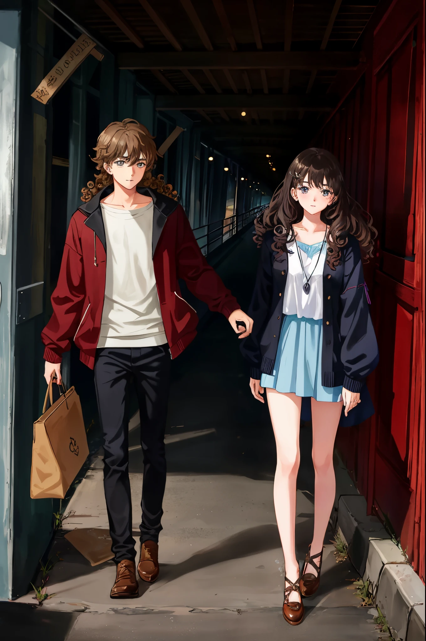 teenage boy with curly brown hair and teenage girl with dark long hair on pier looking at dark creepy locket in 1960s clothes and setting.