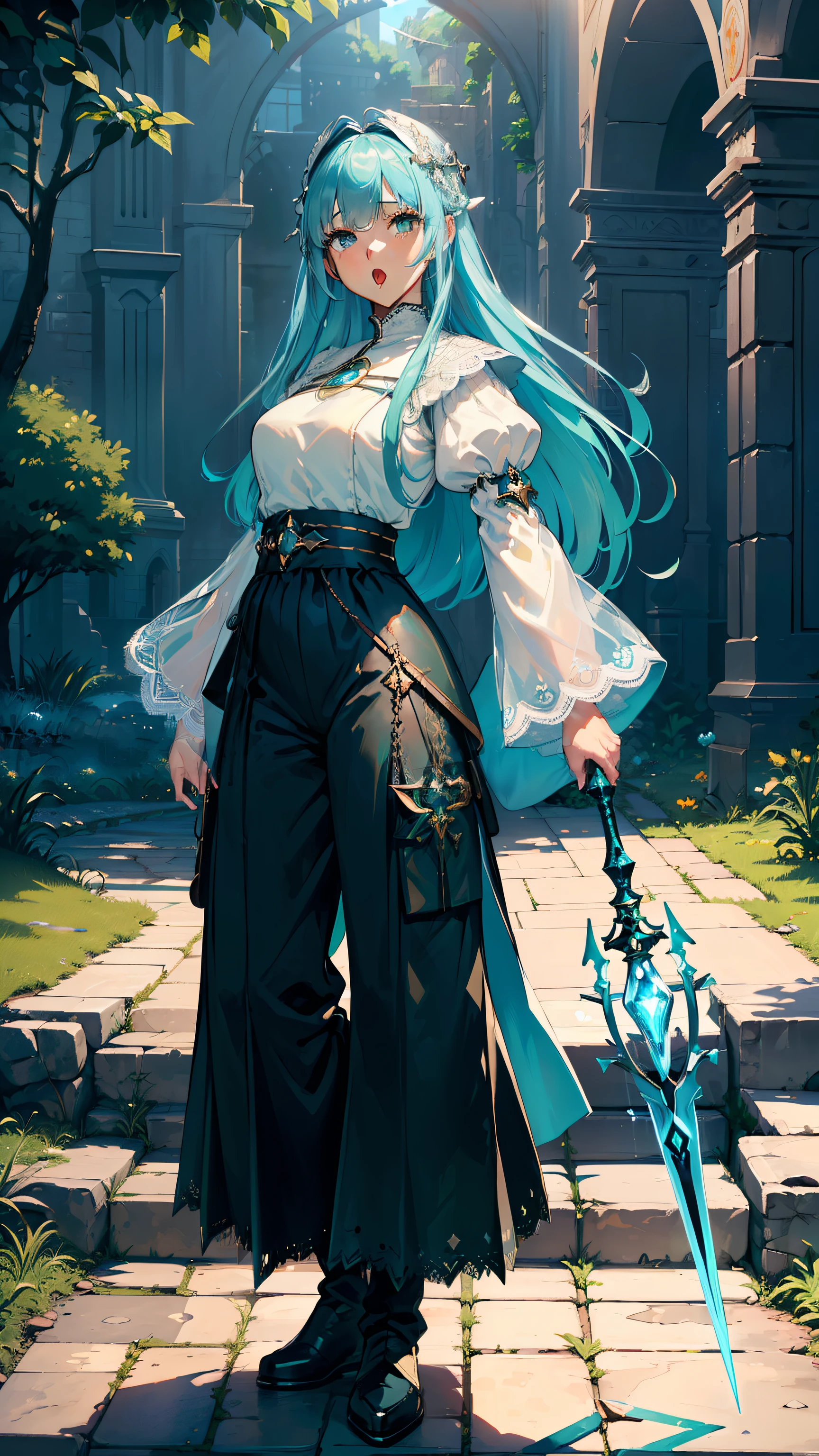 masterpiece, ultra detailed, 8k portrait, RAW photo, portrait photography, Highly detailed face, beautiful and meticulous eyes, ((Fantasy)), Young beautiful, (((Female priest))), (((((standing dynamic pose))))), (((((Yawn))))), (light blue long thin hair)), ahoge, (((asymmetrical bangs))), Gentle face, White skin, (((green and blue puffy sleeve lace priest robes))) Fluttering in the wind, (((lowleg wide pants))), Leather boots, ((((equip a magic wand)))), Midday Sun, Hyper realistic, Body model, Small breasts, Beautiful breasts, Long legs, in the medieval adventurer's guild, Ambient lighting, Shadow details, Camera focus on face, strong breeze, Light fog
