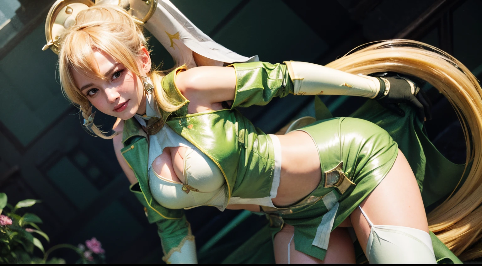 masterpiece, best quality, highres, 1girl leafa ponytail, breastplate detached sleeves cleavage green skirt white thighhighs hip vent leaning forward