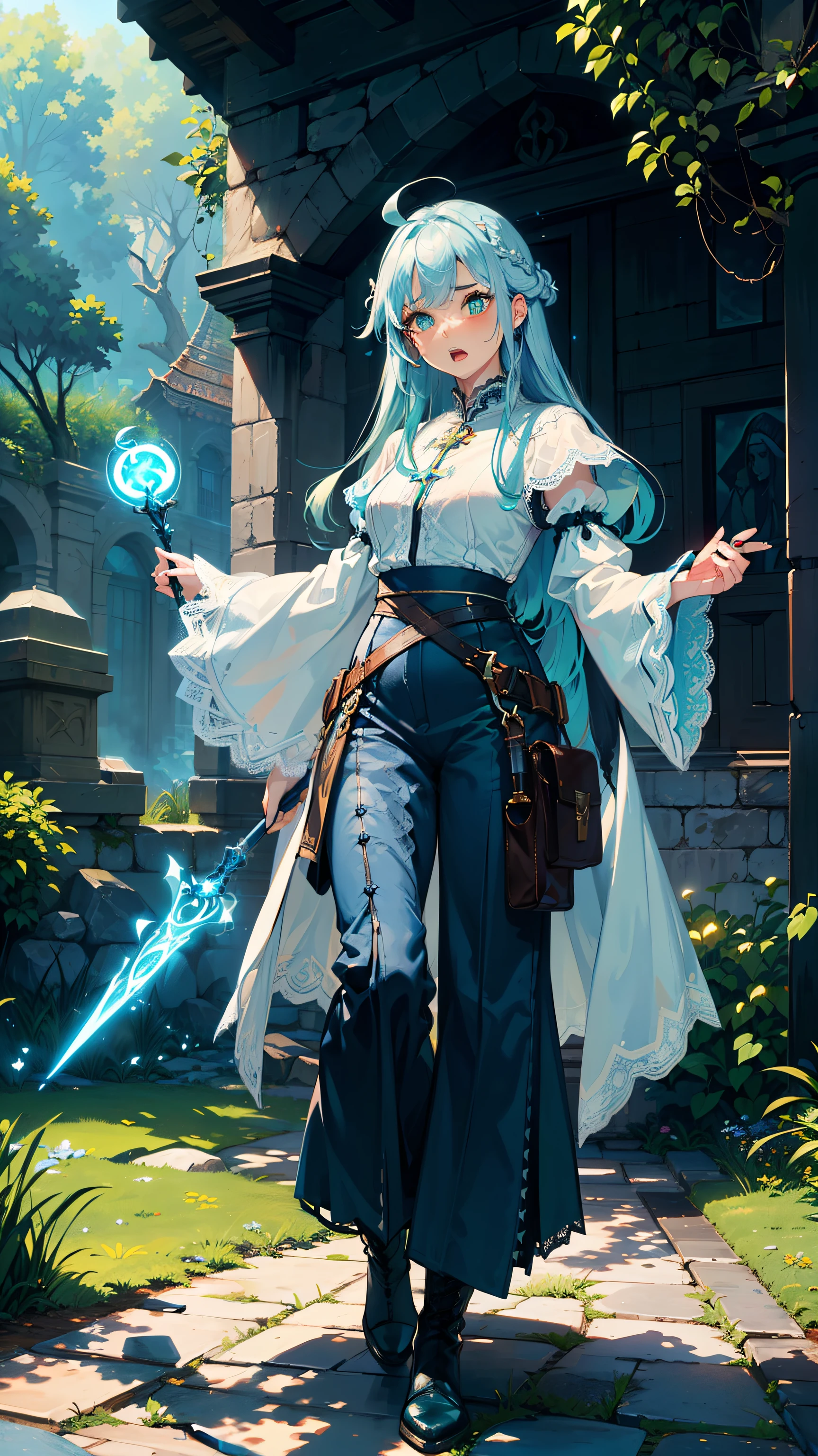 masterpiece, ultra detailed, 8k portrait, RAW photo, portrait photography, Highly detailed face, beautiful and meticulous eyes, ((Fantasy)), Young beautiful, (((Female priest))), (((((standing dynamic pose))))), (((((Yawn))))), (light blue long thin hair)), ahoge, (((asymmetrical bangs))), Gentle face, White skin, (((green and blue puffy sleeve lace priest robes))) Fluttering in the wind, (((lowleg wide pants))), Leather boots, ((((equip a magic wand)))), Midday Sun, Hyper realistic, Body model, Small breasts, Beautiful breasts, Long legs, in the medieval adventurer's guild, Ambient lighting, Shadow details, Camera focus on face, strong breeze, Light fog