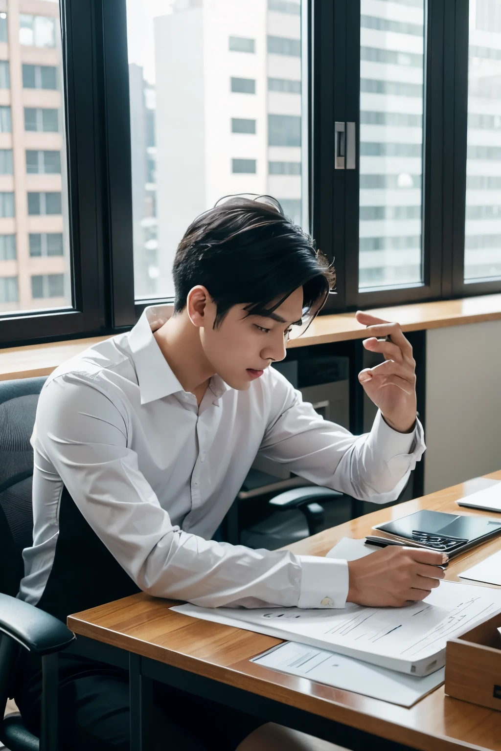 a tired South Korean man at the office