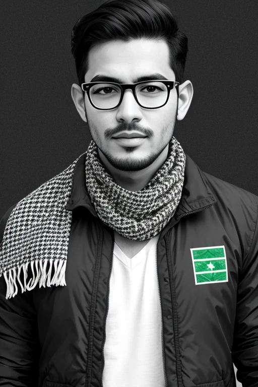 a men short hair wearing black and white traditional keffiyeh scarf at shoulder, wearing glasses and a green jacket with Palestinian flag, realistic, ultra detail, black background. potrait detail.