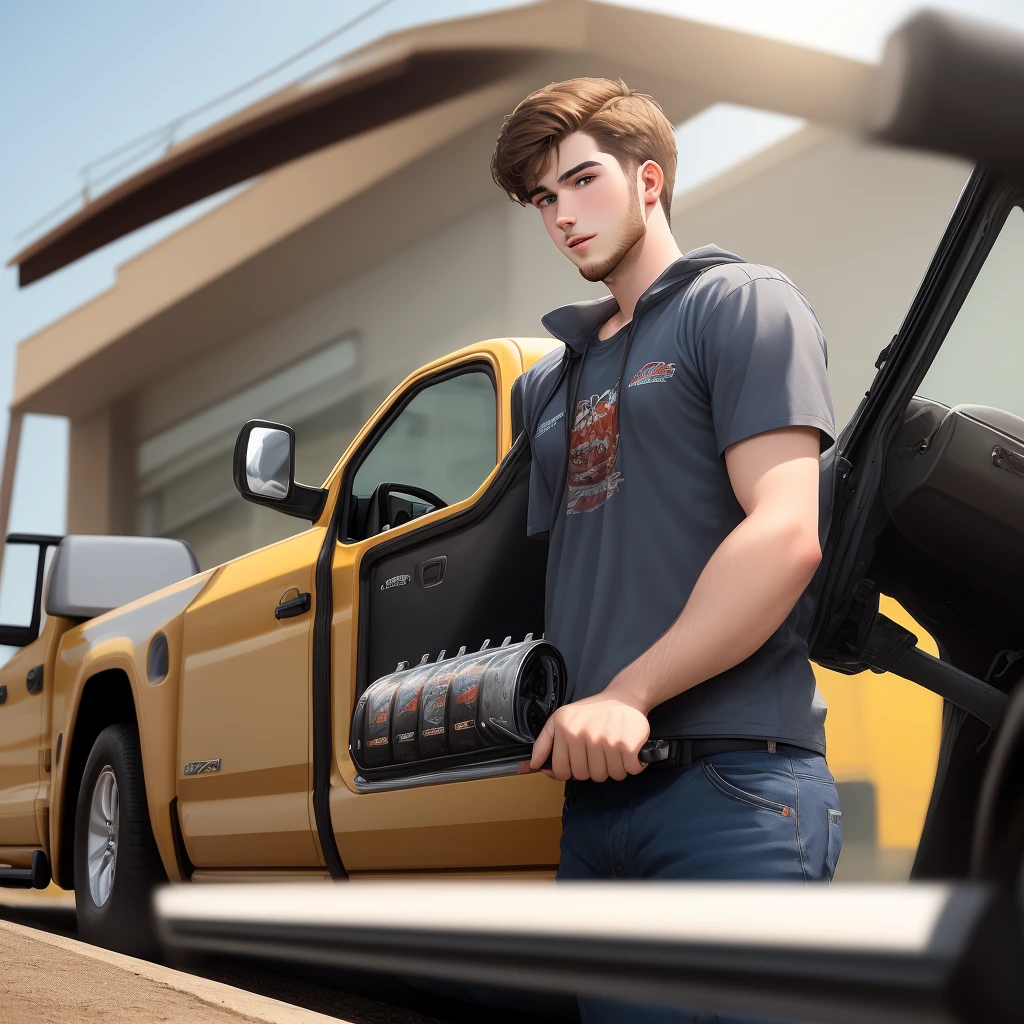 Generate an image of a young guy with brown hair and a beard rolling coal in a dodge 1500