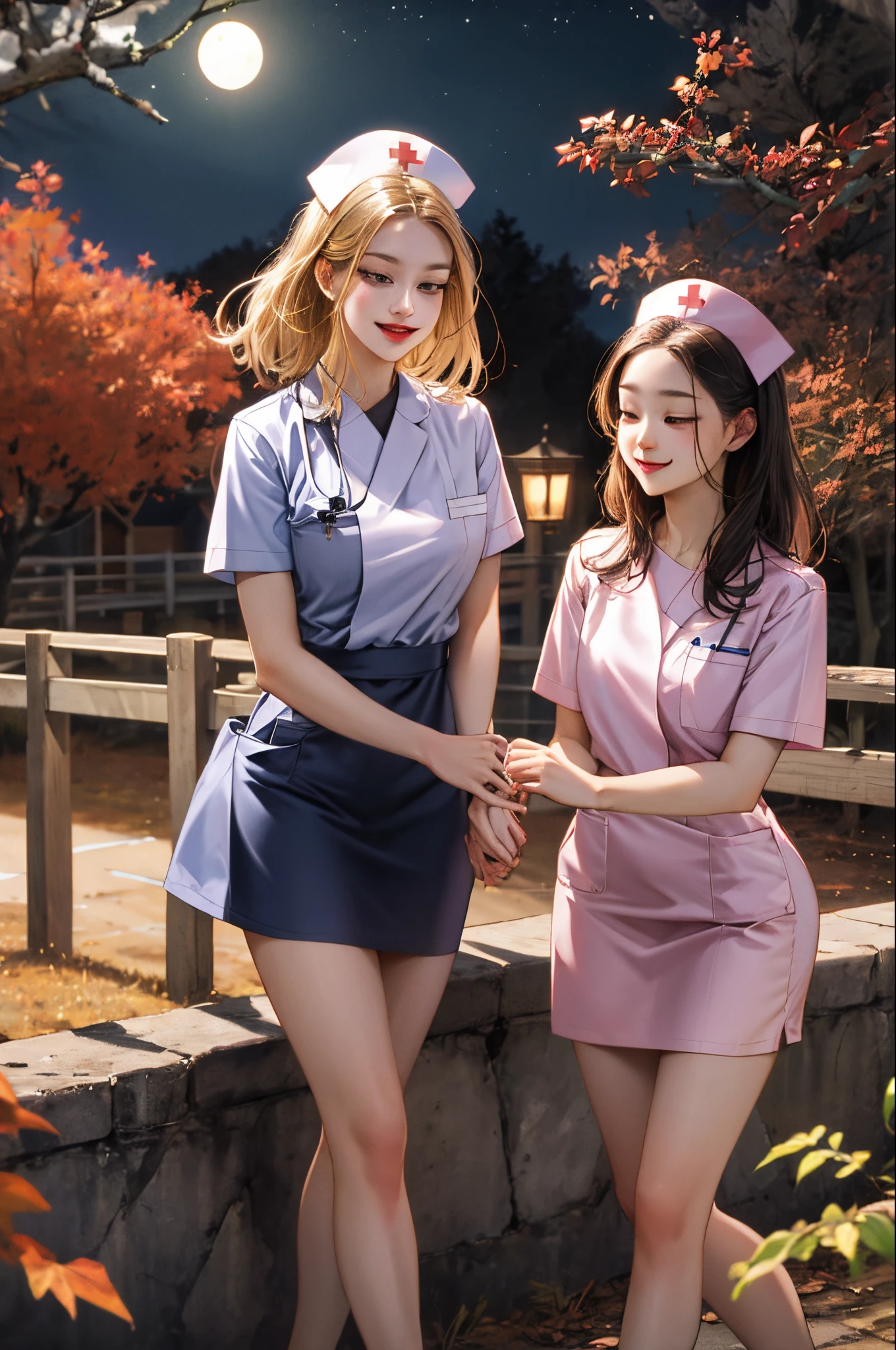 Two beautiful nurses，late autumn，the night