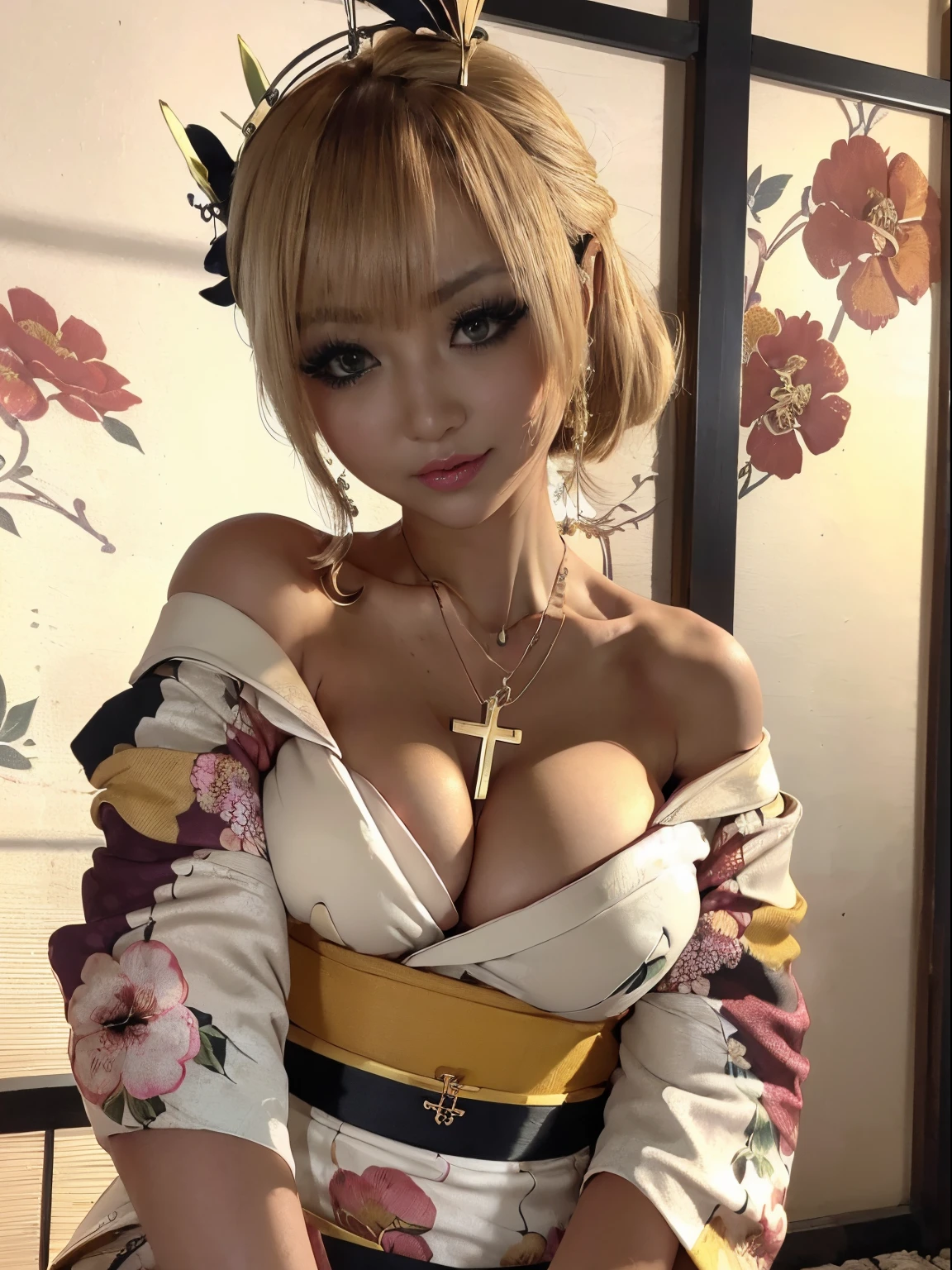 Photorealsitic、the perfect body、Ultra-high image quality、Ultra-high realistic image quality、japanes、(Off-shoulder short length floral print kimono:1.6)、(huge-breasted:1.1)、(cleavage of the breast:1.5)、Waist slender、(blondehair:1.3)、(blurry backround)、(grin)、(Gal-style thick shadow eyeliner:1.4)、(Long false eyelashes:1.2)、(Gal Style Makeup:1.2)、Gal style earrings、Gal style bracelet、(Gal Style Cross Charm Necklace、Triple Necklace:1.3)、in poolside、(Thigh up:1.3)、(sexy  pose:1.3)