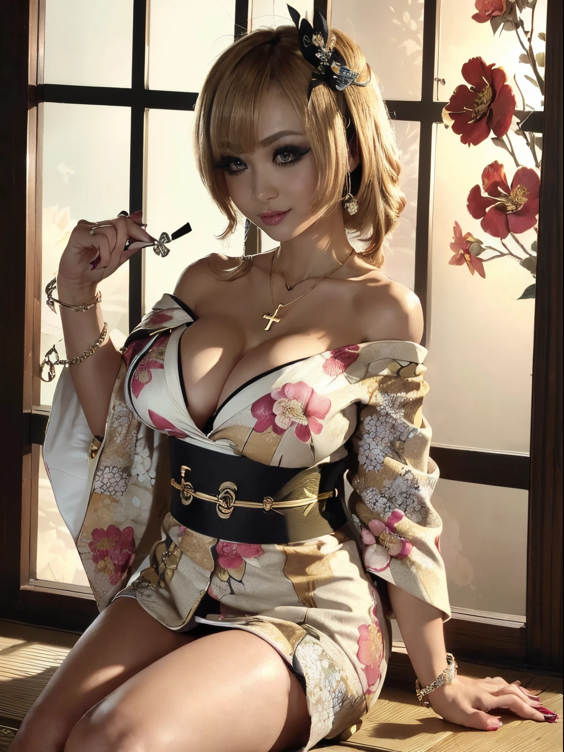 Photorealsitic、the perfect body、Ultra-high image quality、Ultra-high realistic image quality、japanes、(Off-shoulder short length floral print kimono:1.6)、(huge-breasted:1.1)、(cleavage of the breast:1.5)、Waist slender、(blondehair:1.3)、(blurry backround)、(grin)、(Gal-style thick shadow eyeliner:1.4)、(Long false eyelashes:1.2)、(Gal Style Makeup:1.2)、Gal style earrings、Gal style bracelet、(Gal Style Cross Charm Necklace、Triple Necklace:1.3)、in poolside、(Thigh up:1.3)、(sexy  pose:1.3)