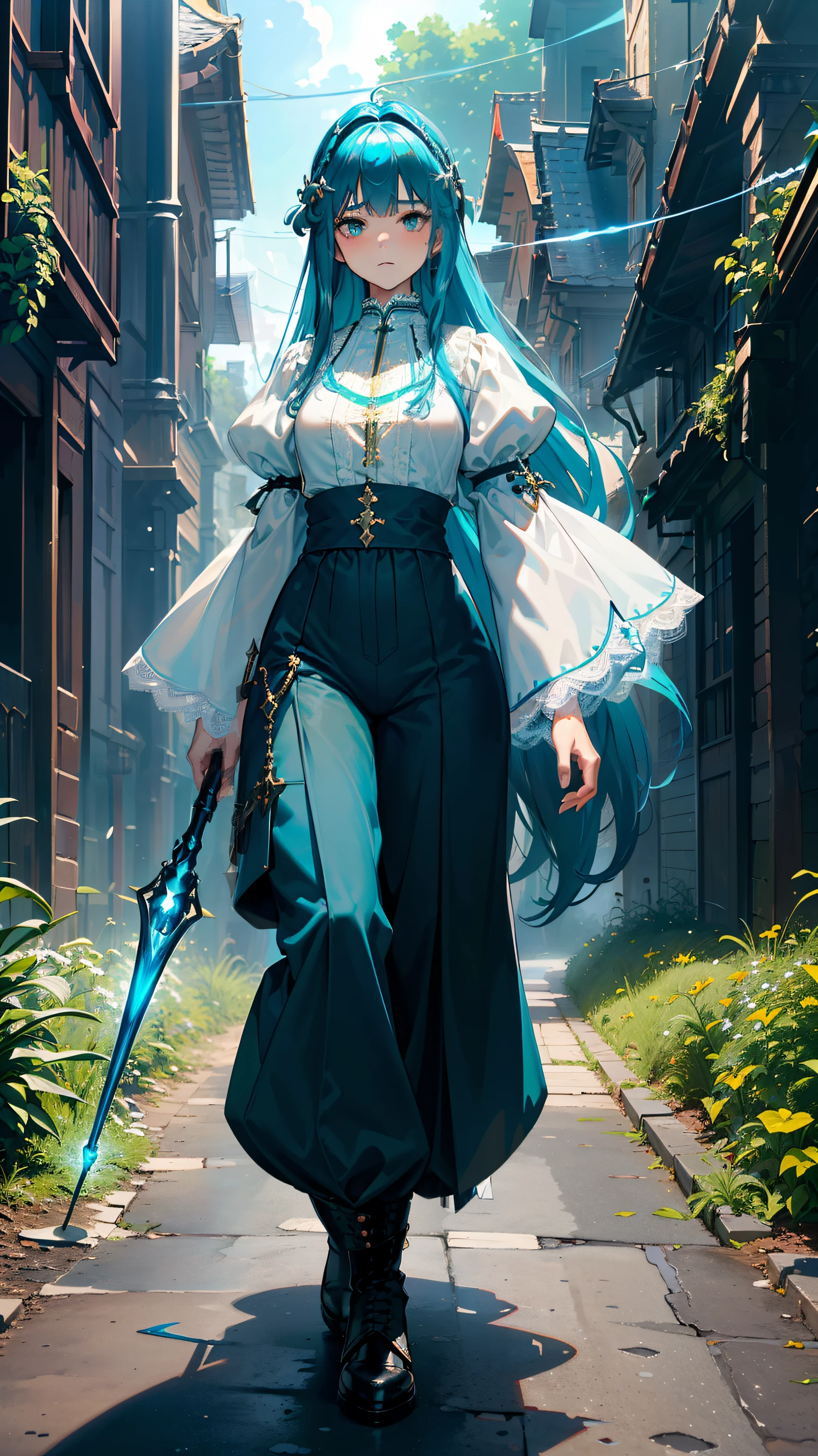 masterpiece, ultra detailed, 8k portrait, RAW photo, portrait photography, Highly detailed face, beautiful and meticulous eyes, ((Fantasy)), Young beautiful, (((Female priest))), (((((standing dynamic pose))))), (light blue long thin hair)), ahoge, (((asymmetrical bangs))), Gentle face, White skin, (((green and blue puffy sleeve lace priest robes))) Fluttering in the wind, (((lowleg wide pants))), Leather boots, ((((equip a magic wand)))), Midday Sun, Hyper realistic, Body model, Small breasts, Beautiful breasts, Long legs, in the medieval adventurer's guild, Ambient lighting, Shadow details, Camera focus on face, strong breeze, Light fog