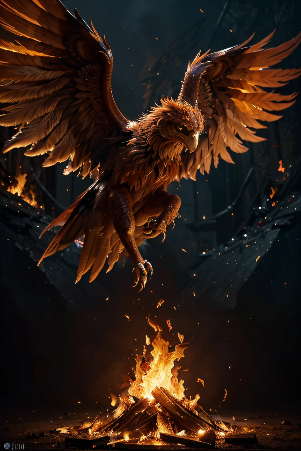 Create a detailed image capturing the moment a Phoenix rises from the ashes in a dark fantasy setting. The Phoenix should be the focal point, with flames and embers vividly illustrating its rebirth. The ashes should be clearly visible at the base, with the Phoenix ascending above them, its wings spread wide as it takes flight. The background should remain atmospheric and mystical, with an emphasis on the transformative process of the Phoenix's renewal. The colors should be intense, with a fiery palette to convey the heat of the moment, while celestial and arcane symbols hint at the magical nature of this creature.