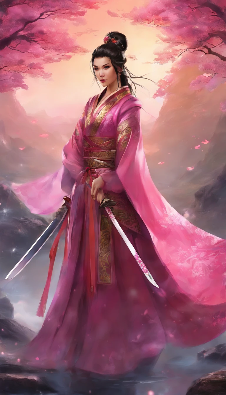 samurai de cabelos de cerejeira, cor rosa, altamente detalhado, treinando com sua espada, bem detalhado, swinging sword, 8k, highes definition, cabelos de cerejeira, cor rosa, luz lunar, good definition, lago reflete a lua.