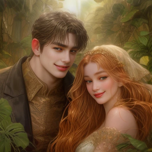 (smirk) (((Front Facing View))), (full body), (Highly Detailed), Beautiful, Stunning, (Portrait:1.2), Character, (latinos) feminine features, (adult), figure, mischievous expression, ((tan)) skin, green eyes, Wavy (hot) hair, ((smirk)), smile, confident, (self-assurance), ((Symmetrical Detailed Eyes)), (soft light:1.5), glow sun effect, (deep jungle atmosphere:1.6)